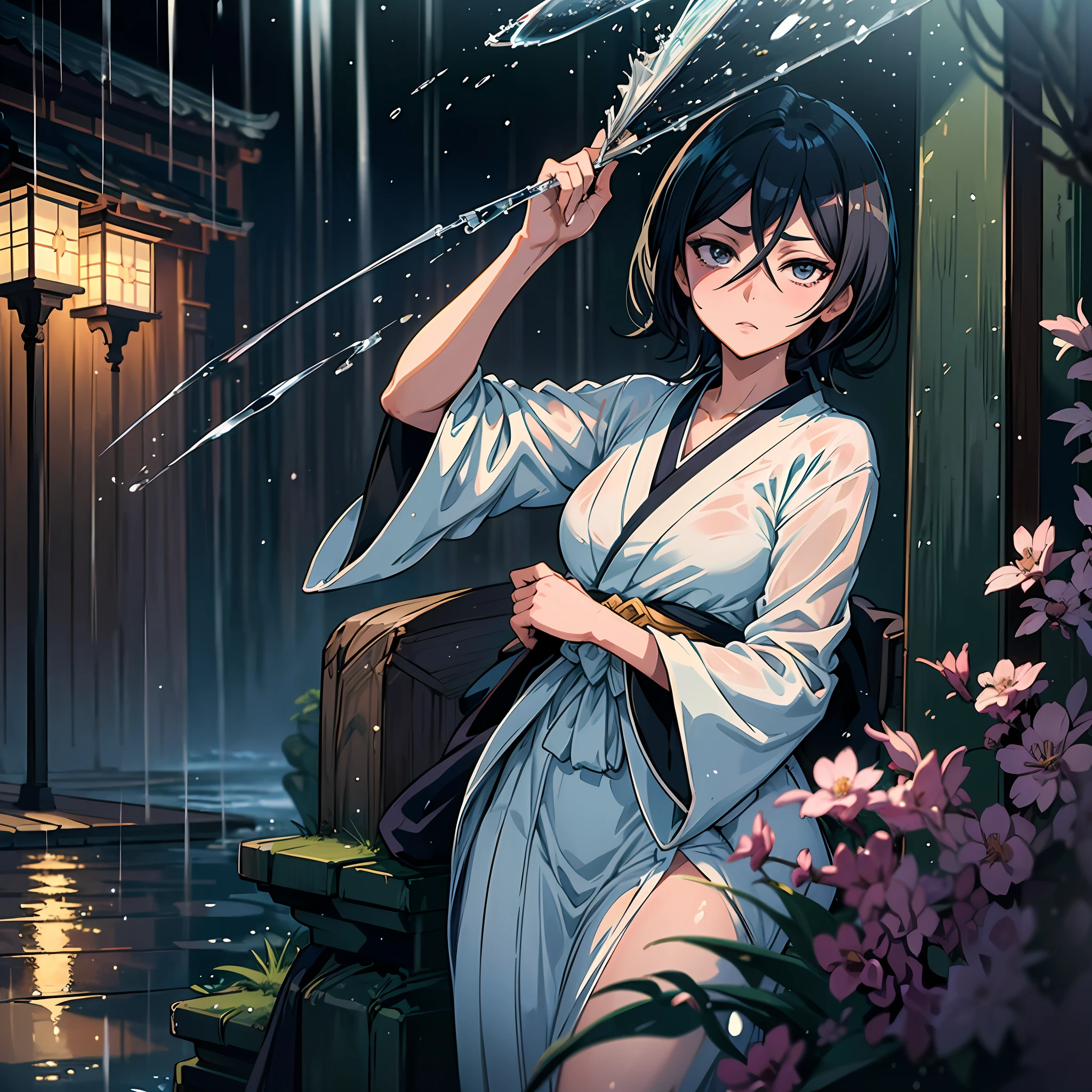 "((masterpiece)), best quality, ultra-detailed, extremely detailed, exquisite art style, beautiful, sparkling and sexy, (1girl, Rukia Kuchiki), short black hair, attractive figure, japanese city, night scene, raining, wet, sexy kimono, romantic atmosphere"