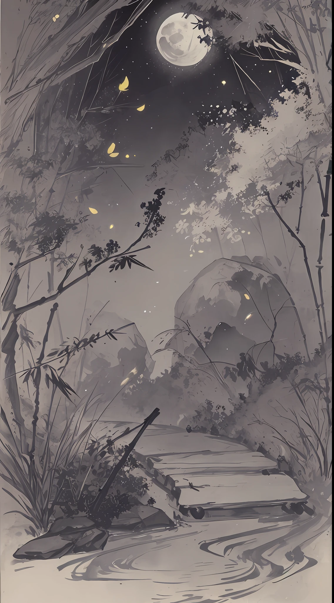 Night, bamboo forest, fallen leaves, full moon, fireflies, silhouettes, diaphragms