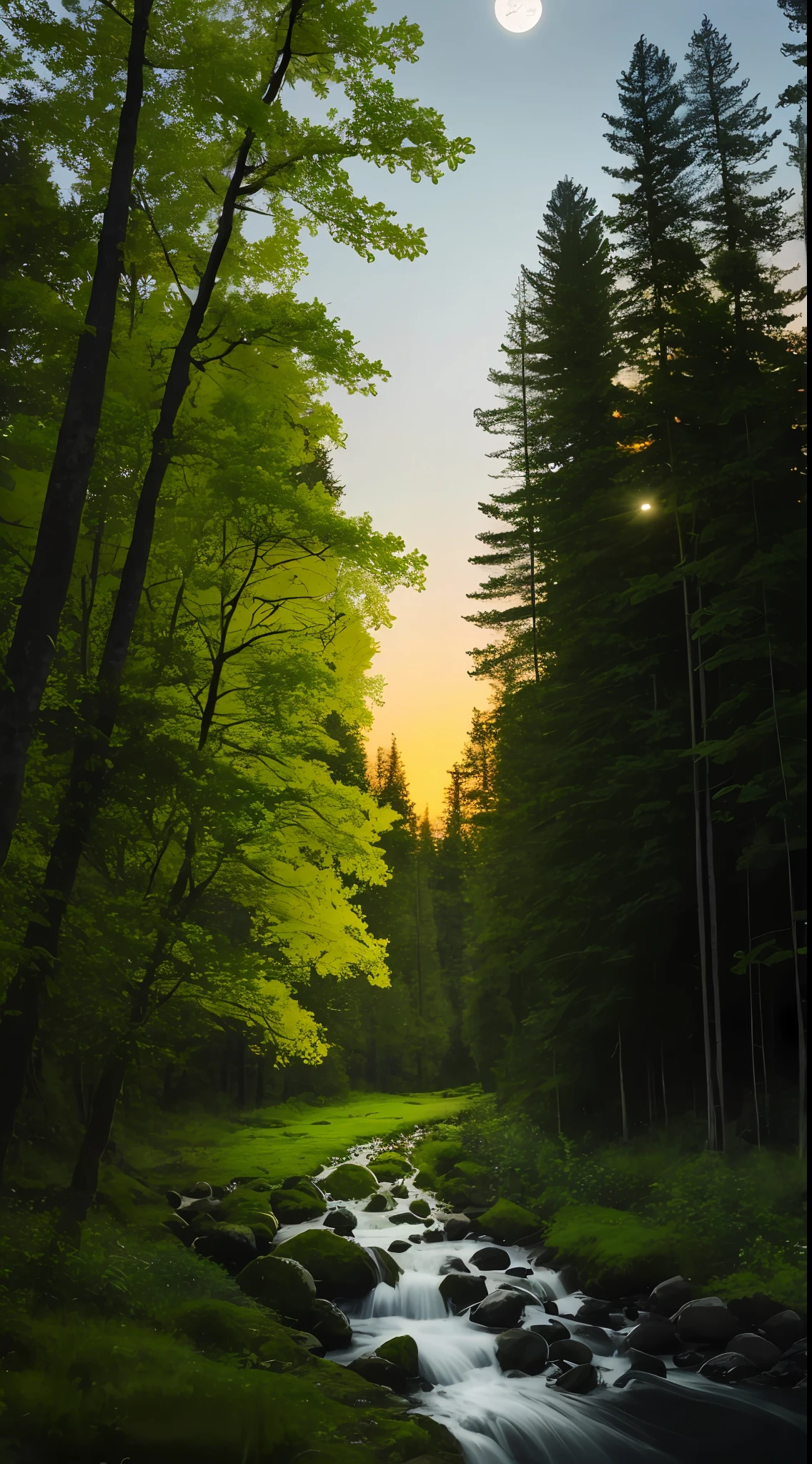 evening scene, a stream flowing in the midst of a deep forest, grass, 8k, lone forest, a little bit of moonlight started shining, leaves Falling out, evening sky
