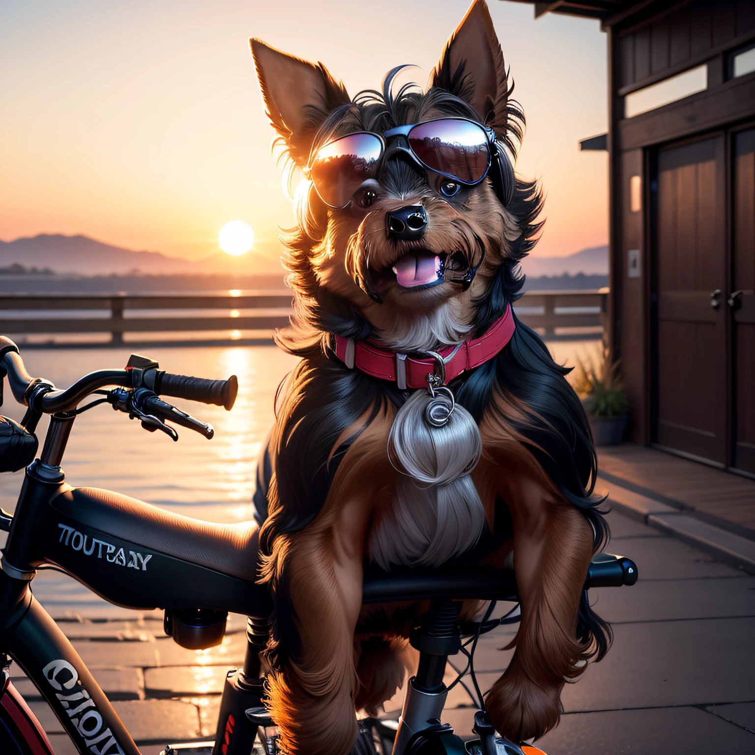 a yorkshire terrier, riding a bike with a sunset in the backgoround, wearing sunglasses and smiling