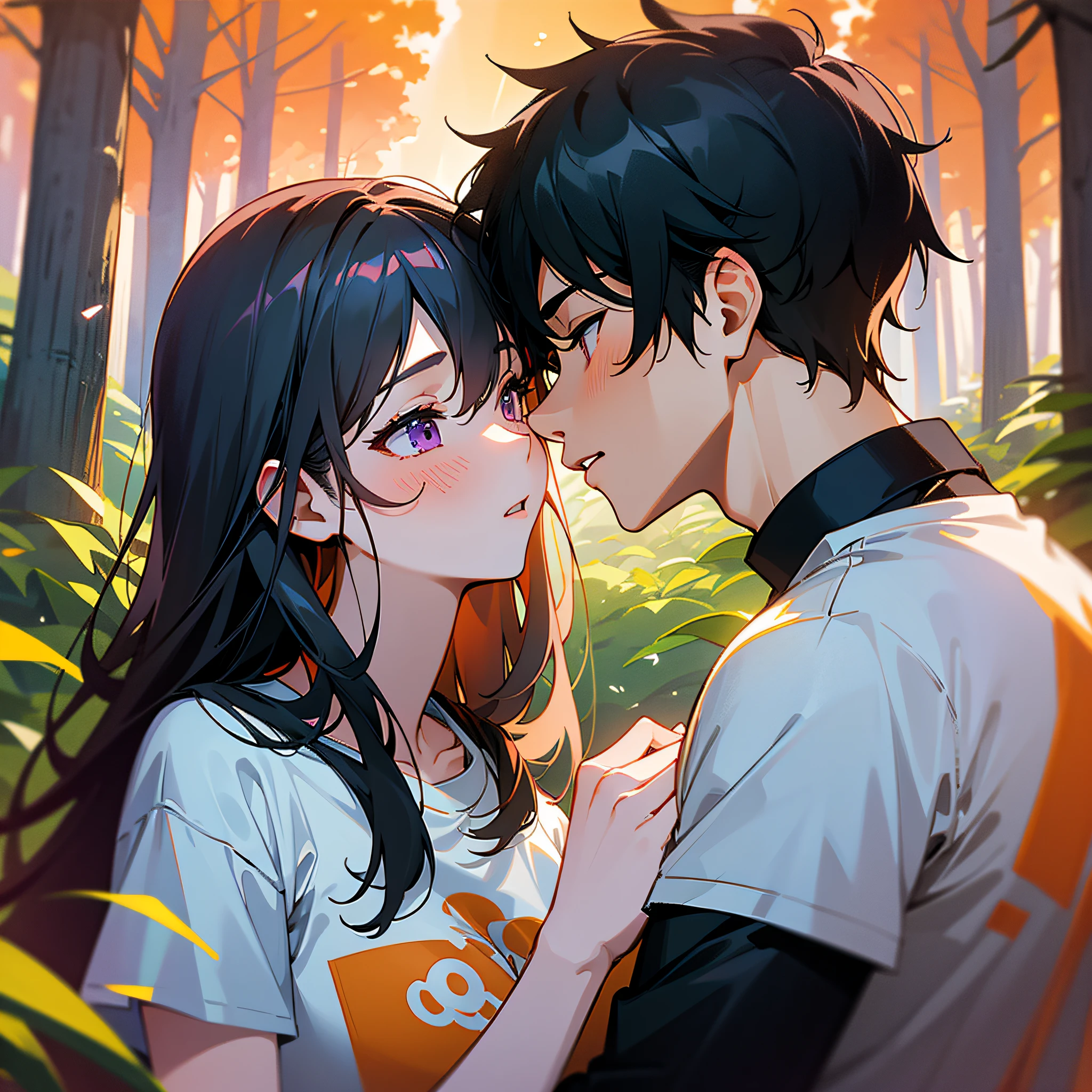 Masterpiece, best quality, {best quality}, {{masterpiece}}, {highres}, {{{field field}}, extremely detailed couple, illustration, couple, 1boy, 1girl, couple, love, love, romantic, sharp focus, male focus, female focus, black hair, both long hair, violet eyes, sun, sunlight, lifting, t-shirts, men's leisure clothes, women's fashion, forest, kiss, kisses, orange sky, affection, passion, shy, shame, Caresses --auto --s2