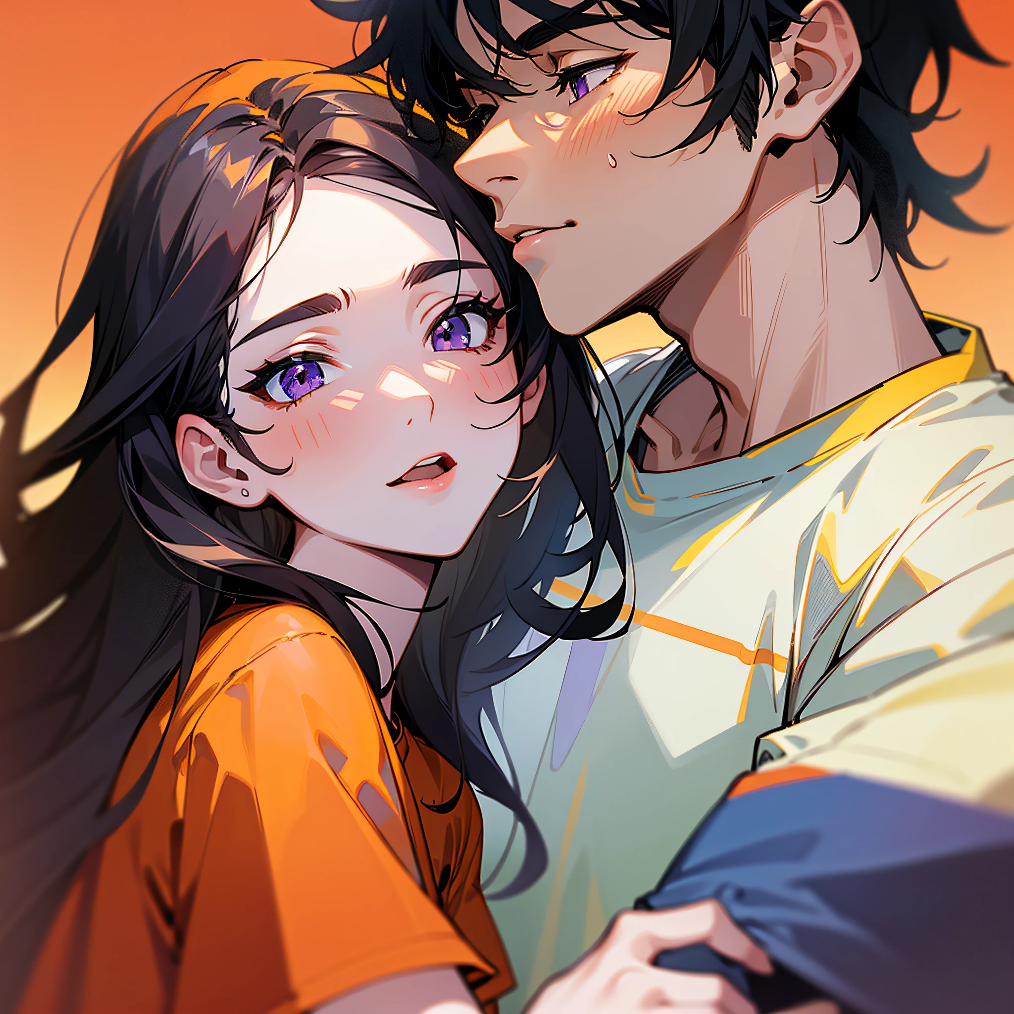 Masterpiece, best quality, {best quality}, {{masterpiece}}, {highres}, {{{field field}}, extremely detailed couple, illustration, couple, 1boy, 1girl, couple, love, love, romantic, sharp focus, male focus, female focus, black hair, both long-haired, violet eyes, sun, sunlight, lifting, t-shirts, men's leisure clothes, women's fashion, city, kiss, kisses, orange sky, affection, passion, shy, shame, Caresses --auto --s2