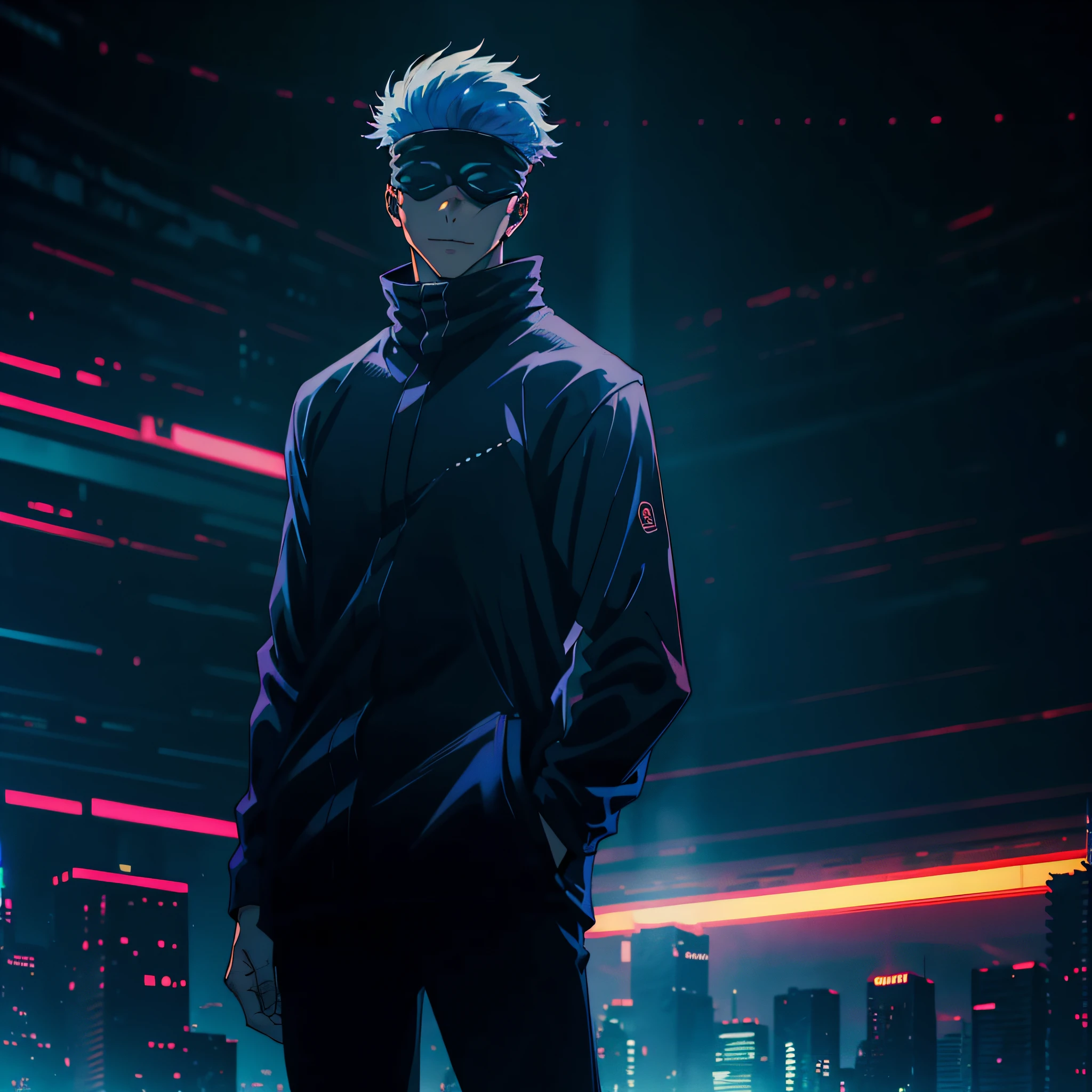 (masterpiece, best quality: 1.2), cowboy shot, solo, male focus, one man, slim, gojo satoru, smile, hands in pockets, blindfold, black jacket, cyberpunk 8k