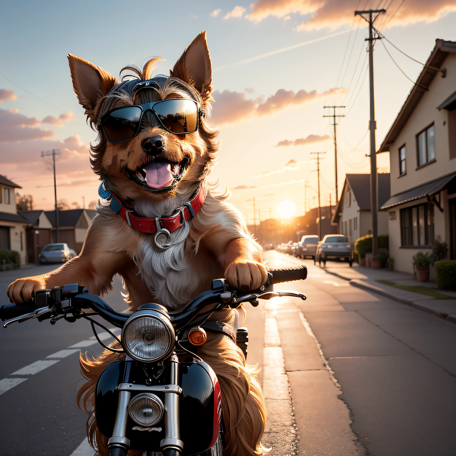 a yorkshire terrier, riding a bike with a sunset in the backgoround, wearing sunglasses and smiling