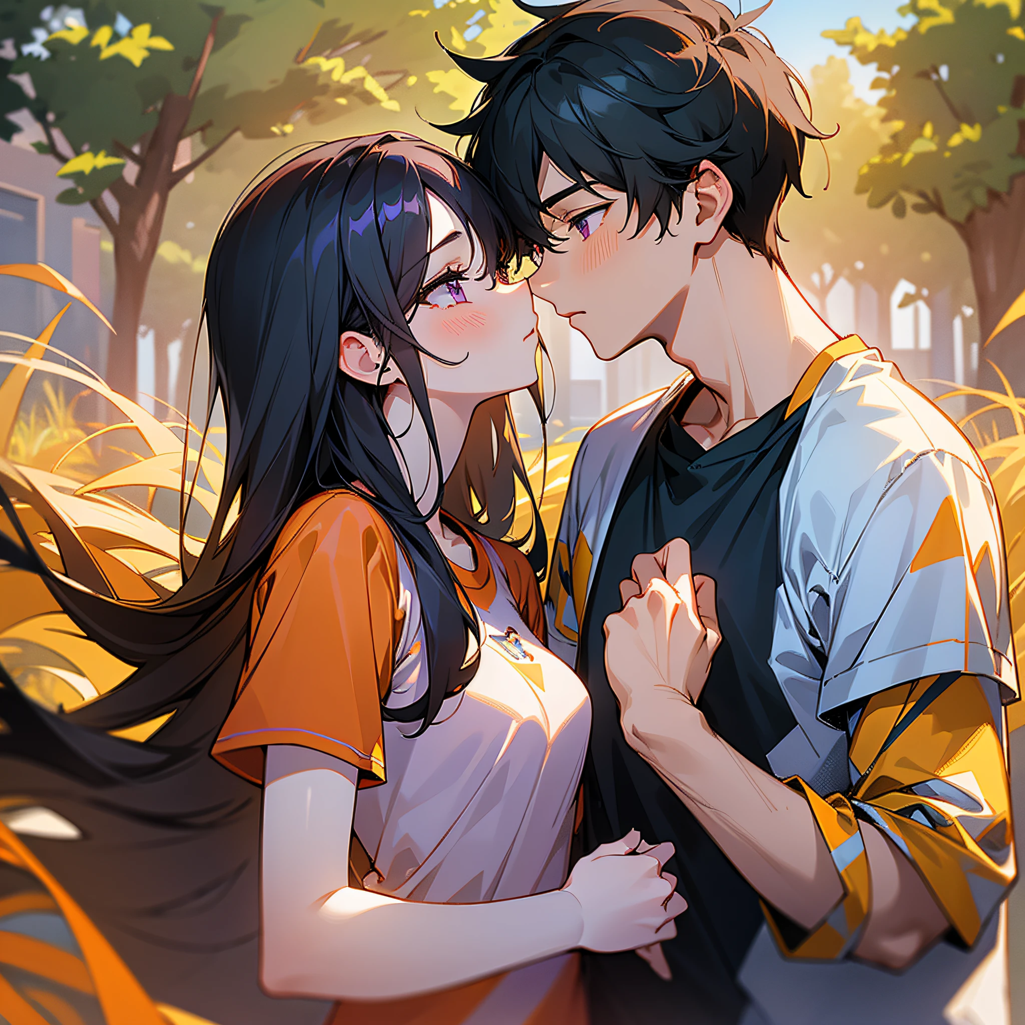 Masterpiece, best quality, {best quality}, {{masterpiece}}, {highres}, {{{field field}}, extremely detailed couple, illustration, couple, 1boy, 1girl, couple, love, romantic, sharp focus, male focus, female focus, black hair, both long-haired, violet eyes, sun, sunlight, lifting, t-shirts, men's leisure clothes, women's fashion, travel, kiss, kisses, orange sky, affection, passion, shy, shame,  Caresses --auto --s2