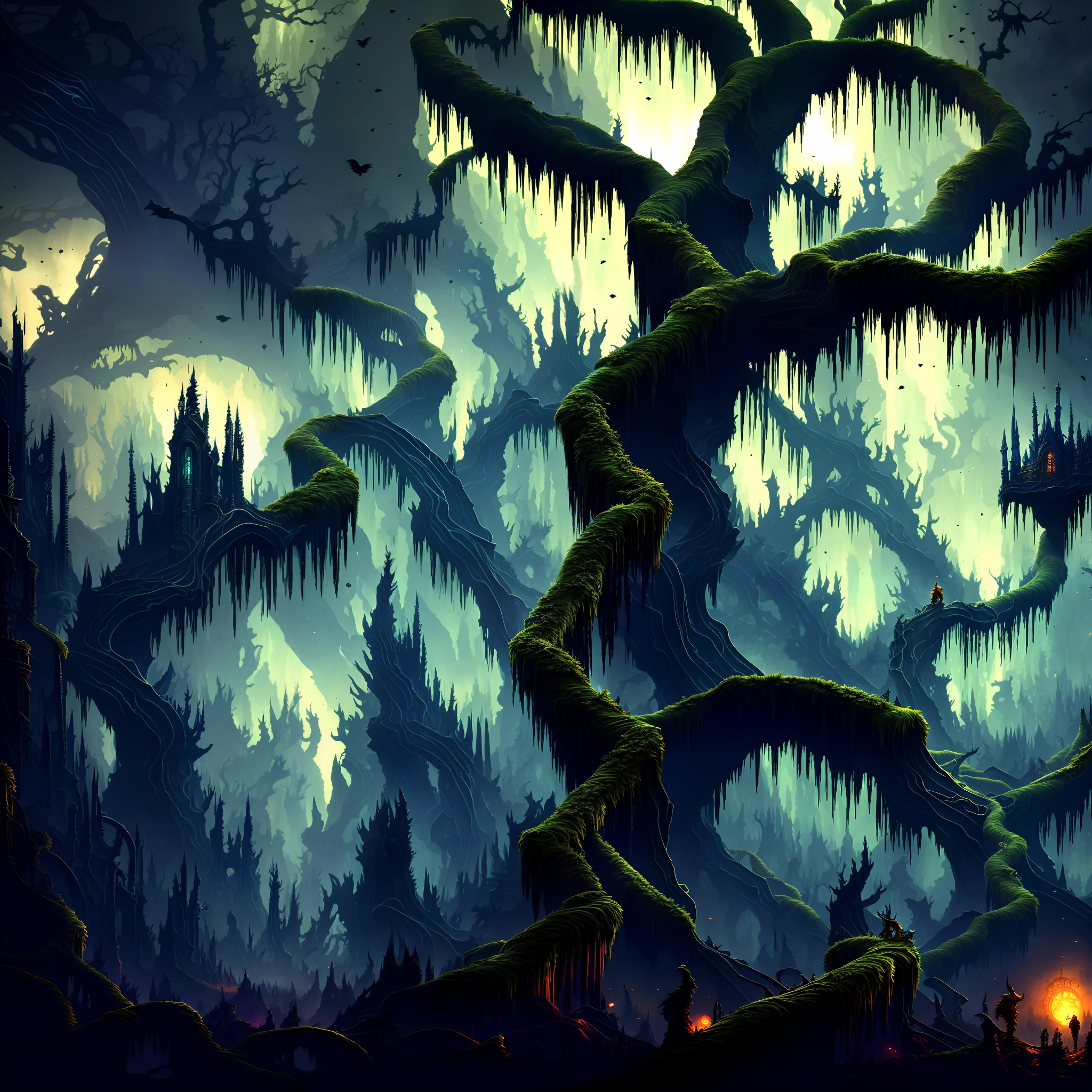 A biomorphic tree is shining in the middle of the dark valley with biomechanical monuments, evil creatures totems, futurist buildings in ruins, dramatic cloudy sky . Horror art. Highly detailed, complex, masterpiece, intricate details, digital painting.
