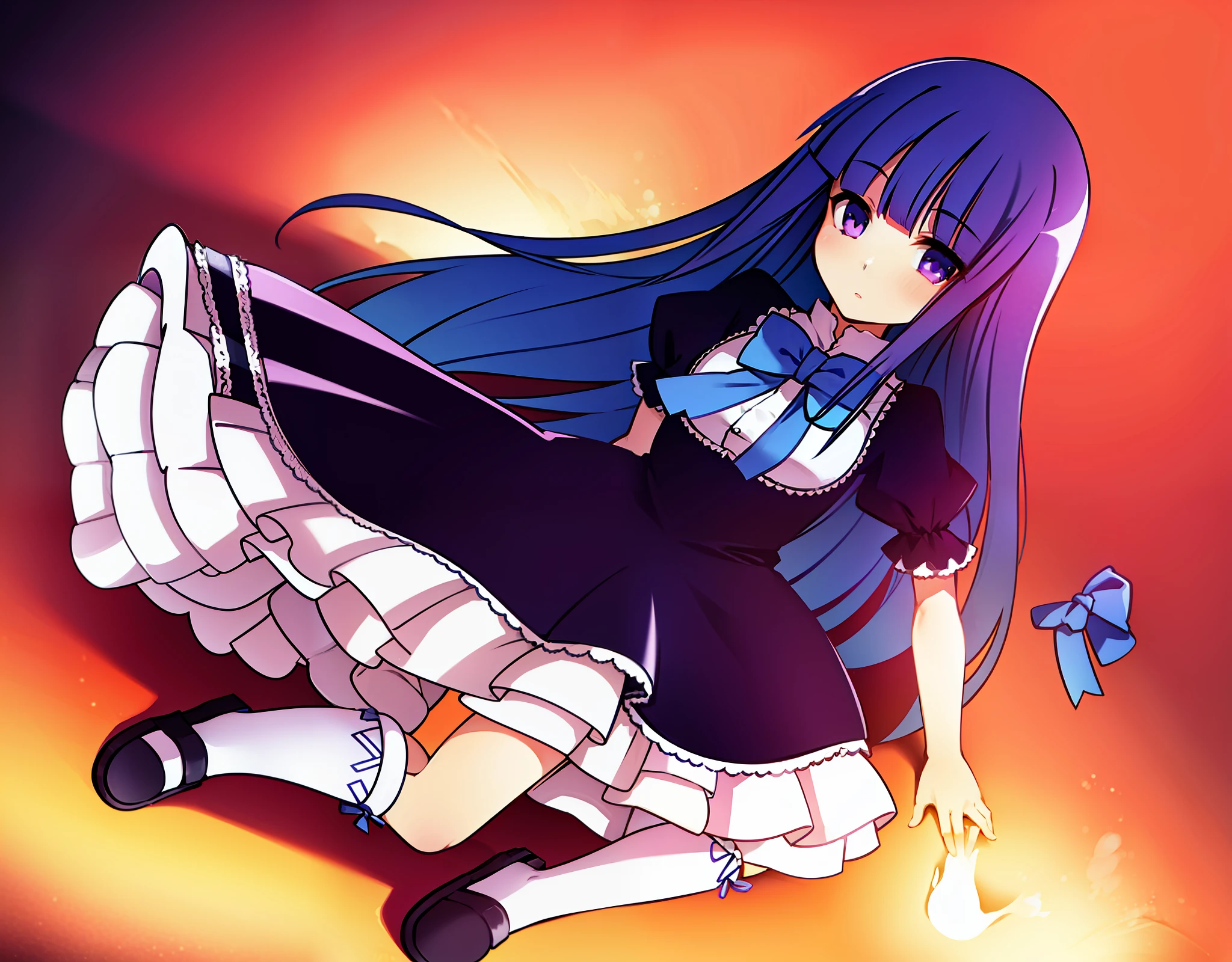 1girl, frederica bernkastel, blue hair, blunt bangs, bow, cat tail with bow, dress, drink, kneehighs, long hair, purple eyes, ribbon, shoes, solo,tail ornament, tail ribbon, white legwear