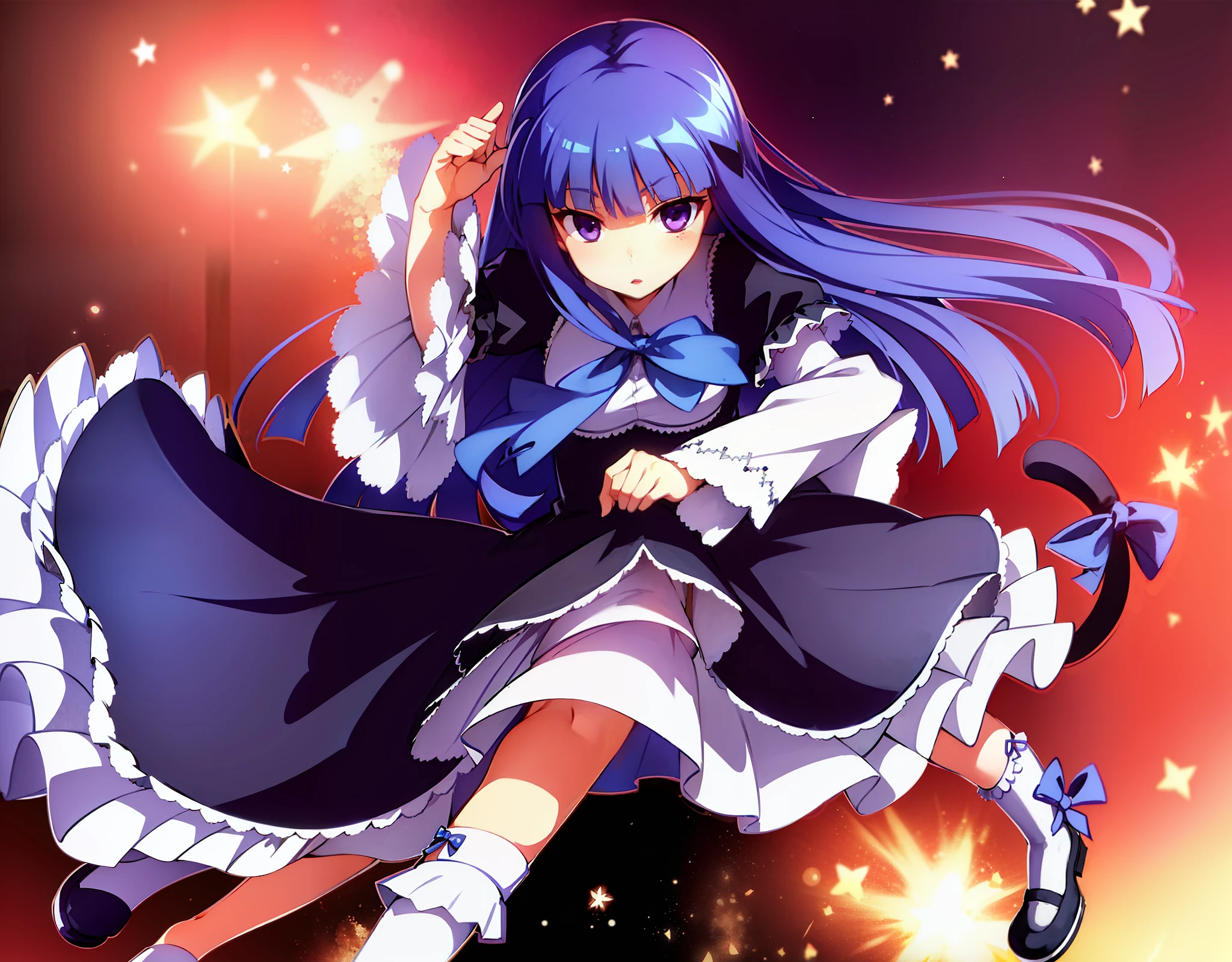 1girl, frederica bernkastel, blue hair, blunt bangs, bow, cat tail with bow, dress, drink, kneehighs, long hair, purple eyes, ribbon, shoes, solo,tail ornament, tail ribbon, white legwear