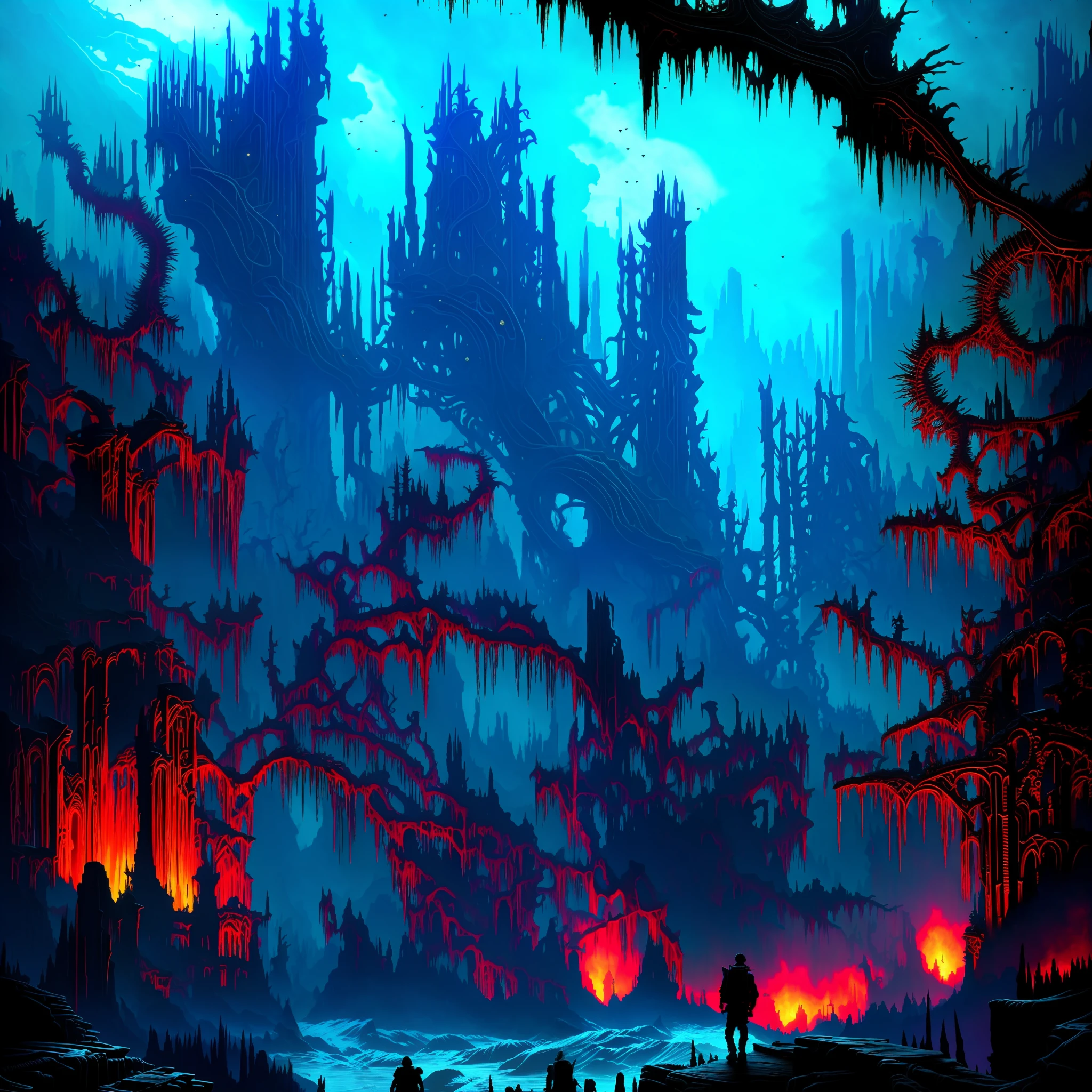 vast angle of futurist dark valley with biomechanical buildings, alien monuments and thorns and obscure walls. Cosmic tornado in the sky. Satanic temple with polluted river. Horror art, hyperdetailed painting, color drawing. Art by Dan Seagrave.