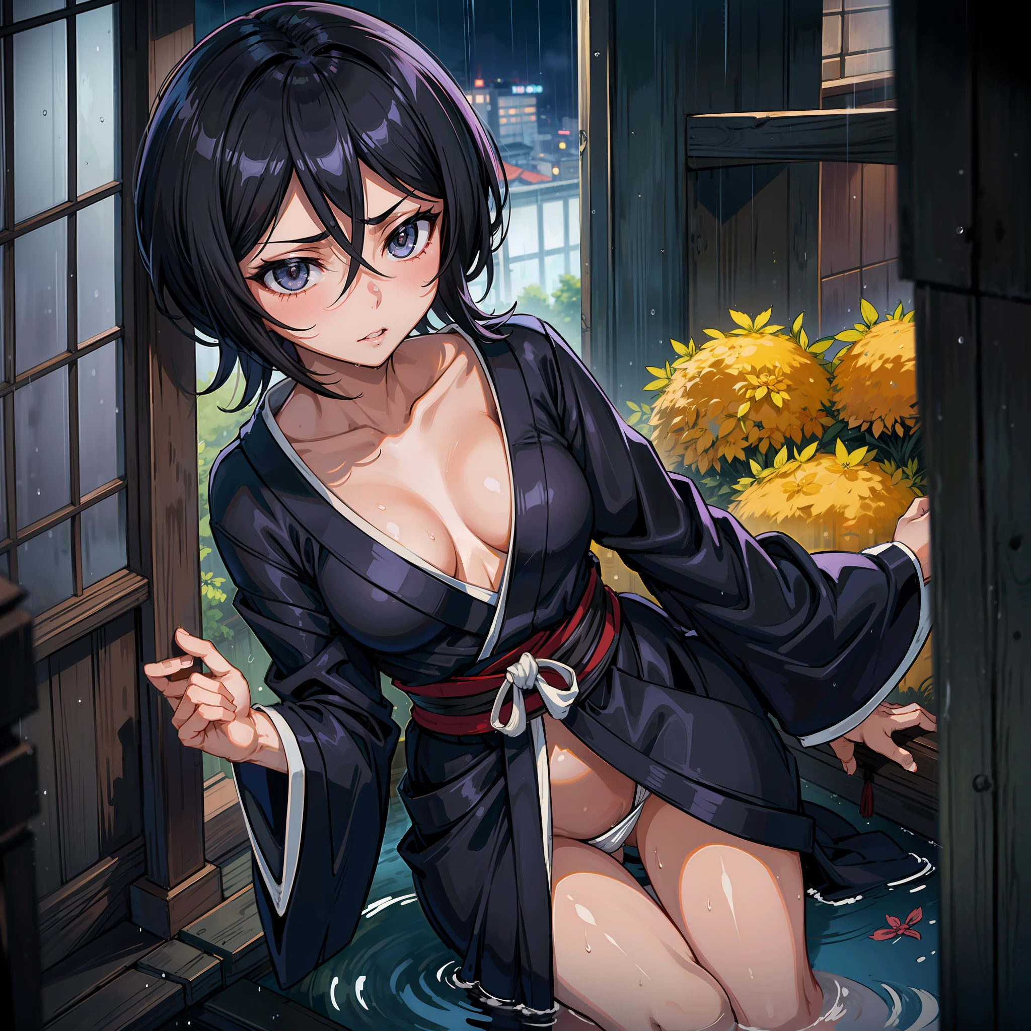solo, Rukia_Kuchiki (short black hair, small breasts), sexy wet kimono, sexy photos in a Japanese city, night, rain