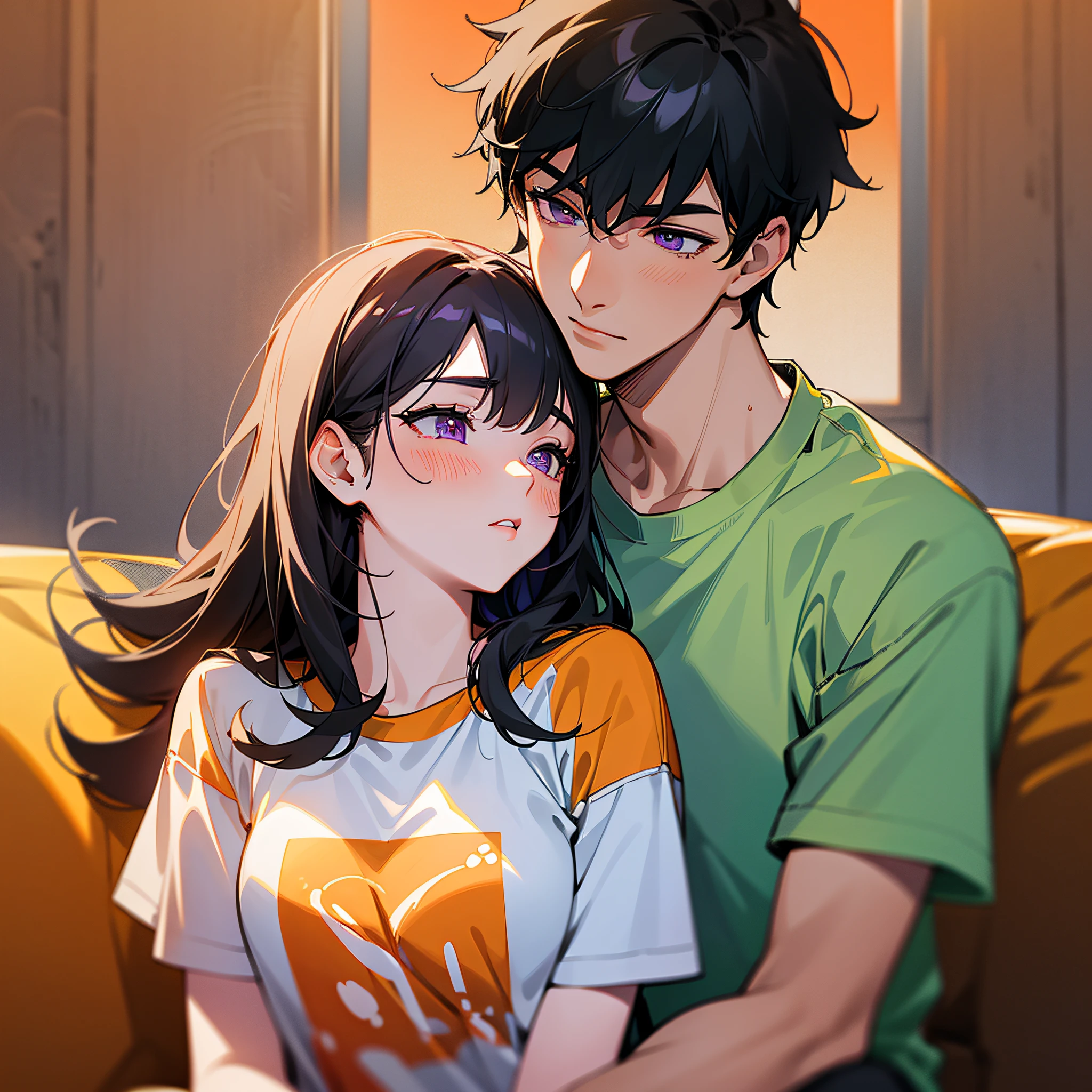 Masterpiece, best quality, {best quality}, {{masterpiece}}, {highres}, {{{field field}}, extremely detailed couple, illustration, couple, 1boy, 1girl, couple, love, love, romantic, sharp focus, male focus, female focus, black hair, both long hair, violet eyes, sun, sunlight, t-shirts, men's leisure clothes, women's fashion,, sofa, kiss, kisses, orange sky, affection, passion, shy, shame, caresses --auto --s2