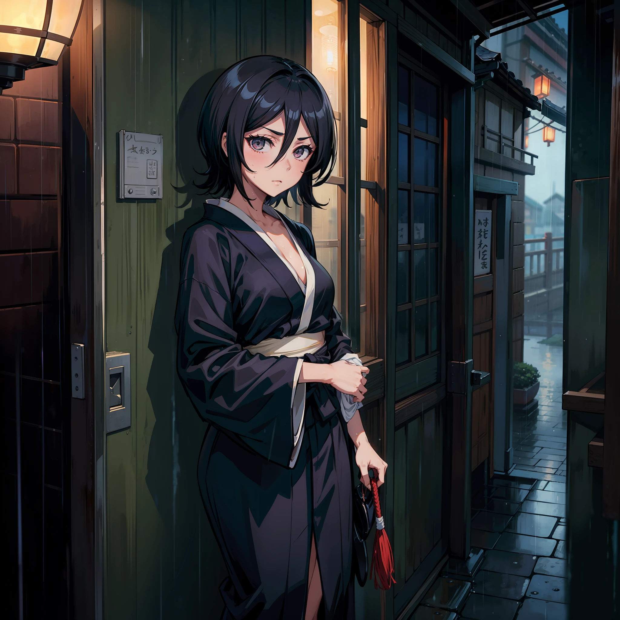 solo, Rukia_Kuchiki (short black hair, small breasts), sexy wet kimono, sexy photos in a Japanese city, night, rain
