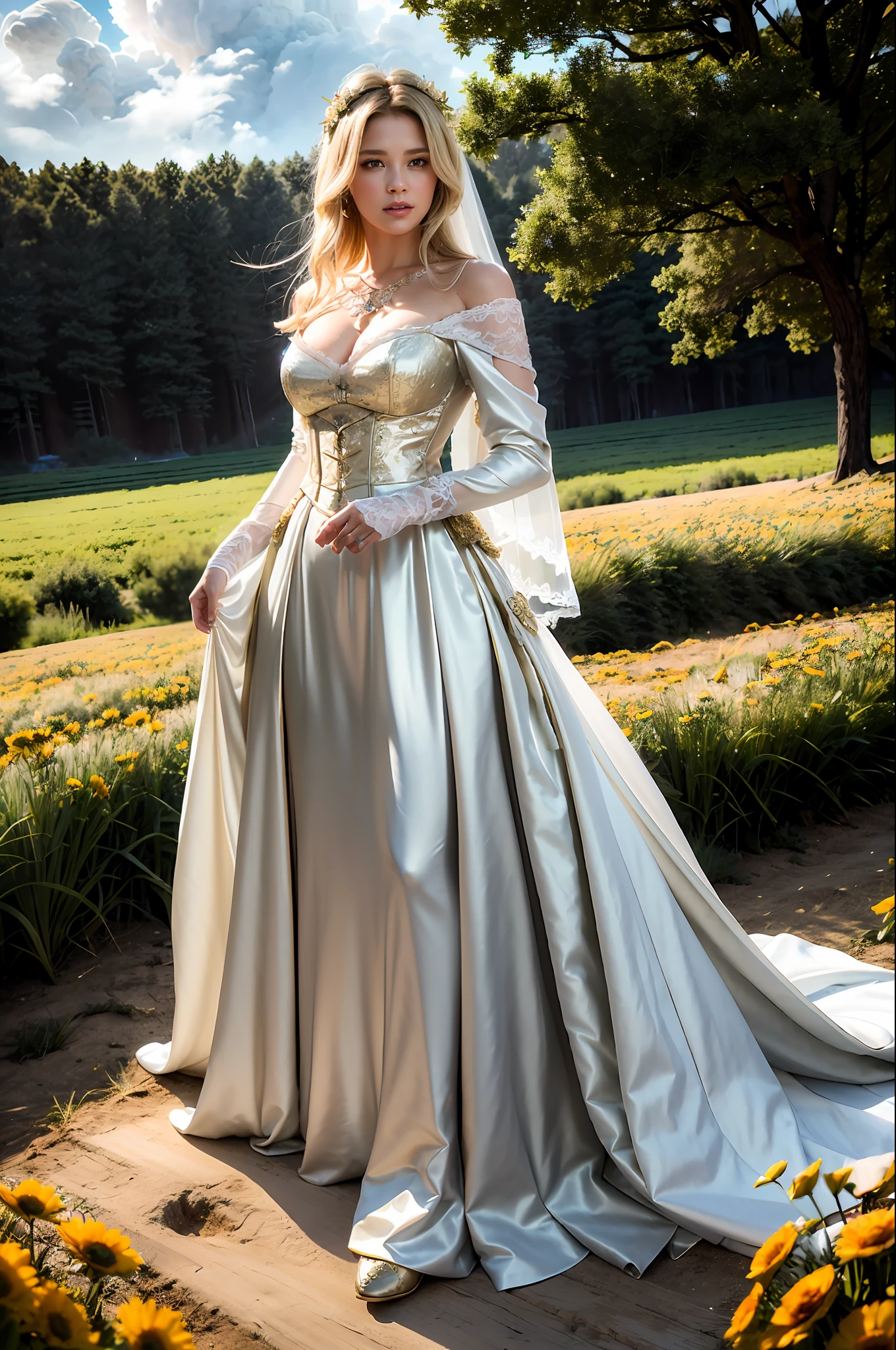 (realistic:1.3), finely detailed, quality, rembrandt lighting, sexy bride costume, (masterpiece:1.2), (photorealistic:1.2), (best quality), (detailed skin:1.3), (intricate details), dramatic, ray tracing, 1girl, american white girl, blonde hair, 21 years old, medium breasts, bride clothes with gold lace, happy (Meadow, Sun, Clouds, Field, Agriculture, Starlight, Hiking Trail)