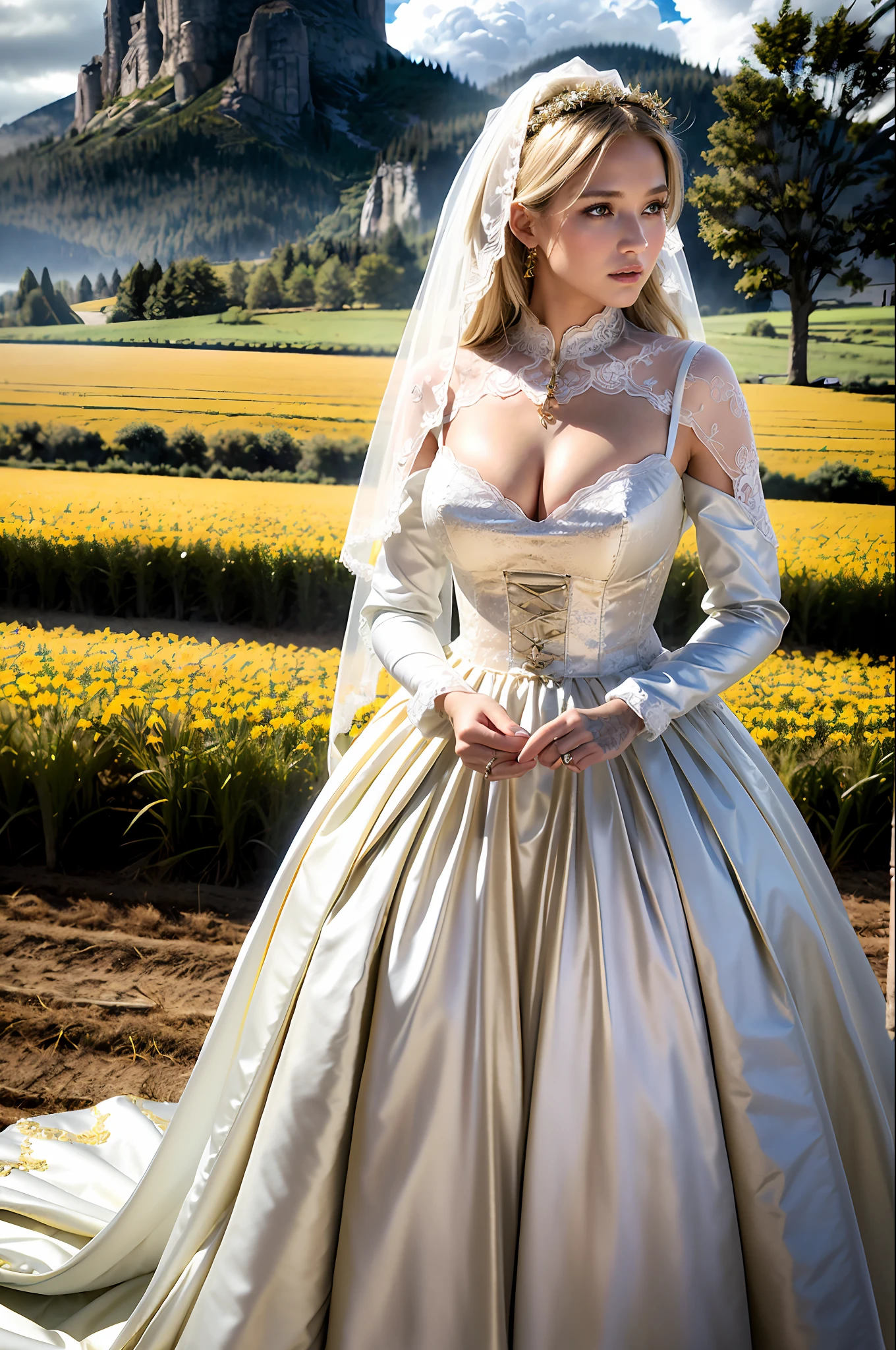 (realistic:1.3), finely detailed, quality, rembrandt lighting, sexy bride costume, (masterpiece:1.2), (photorealistic:1.2), (best quality), (detailed skin:1.3), (intricate details), dramatic, ray tracing, 1girl, american white girl, blonde hair, 21 years old, medium breasts, bride clothes with gold lace, happy (Meadow, Sun, Clouds, Field, Agriculture, Starlight, Hiking Trail)