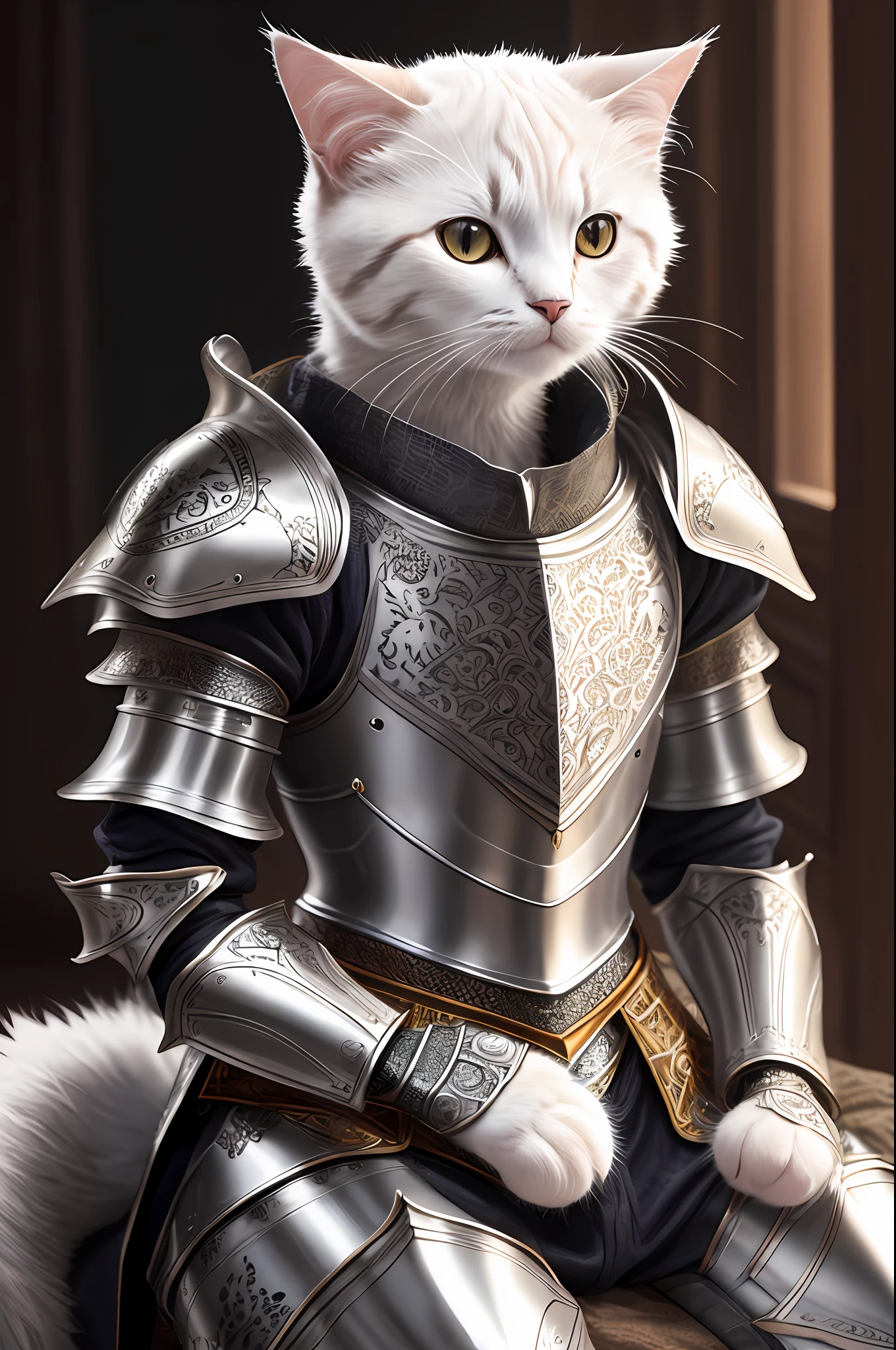 adorable cat knight sitting, portrait, finely detailed armor, intricate design, silver, silk, cinematic lighting, 4k