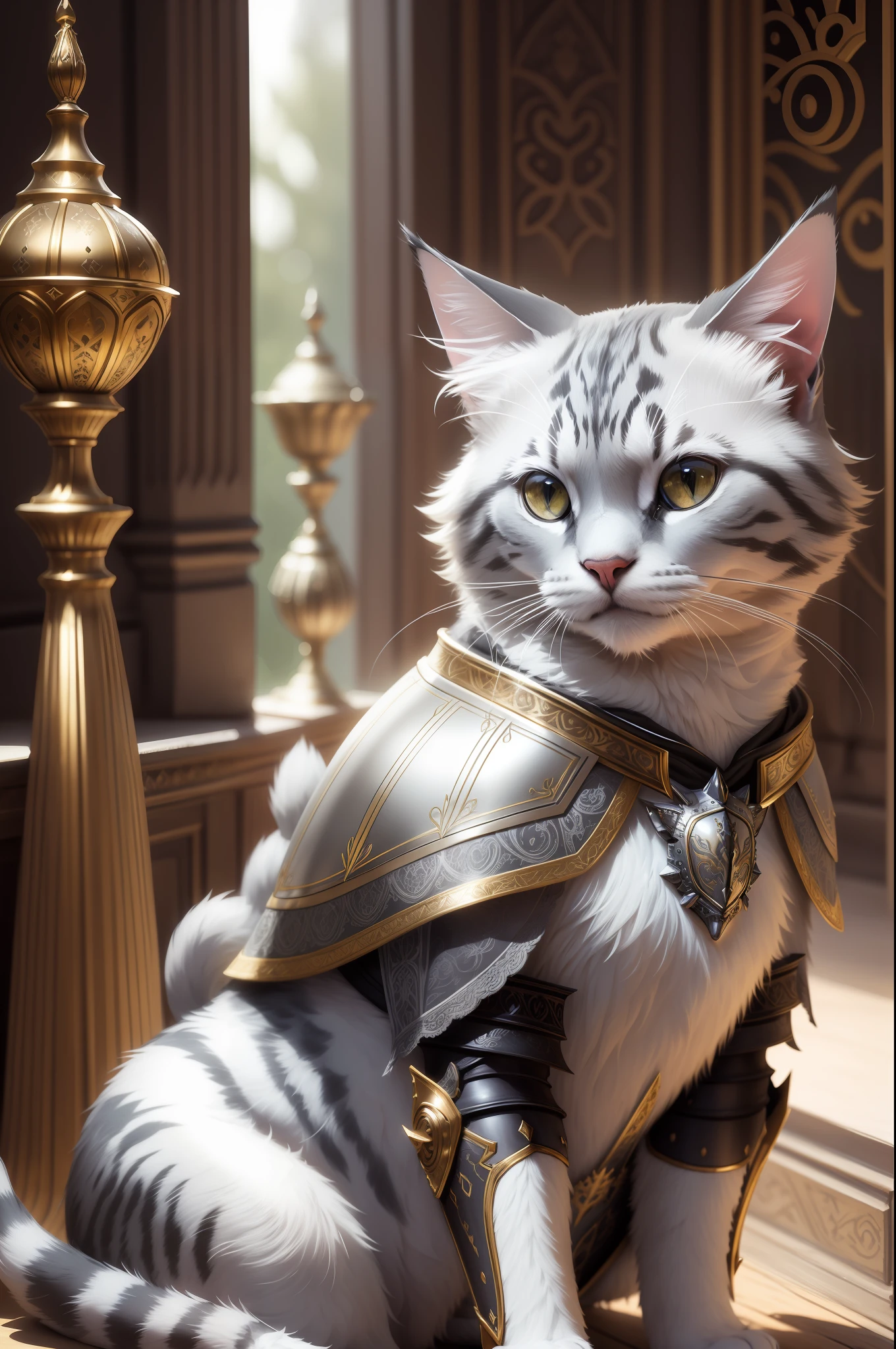 adorable cat knight sitting, portrait, finely detailed armor, intricate design, silver, silk, cinematic lighting, 4k