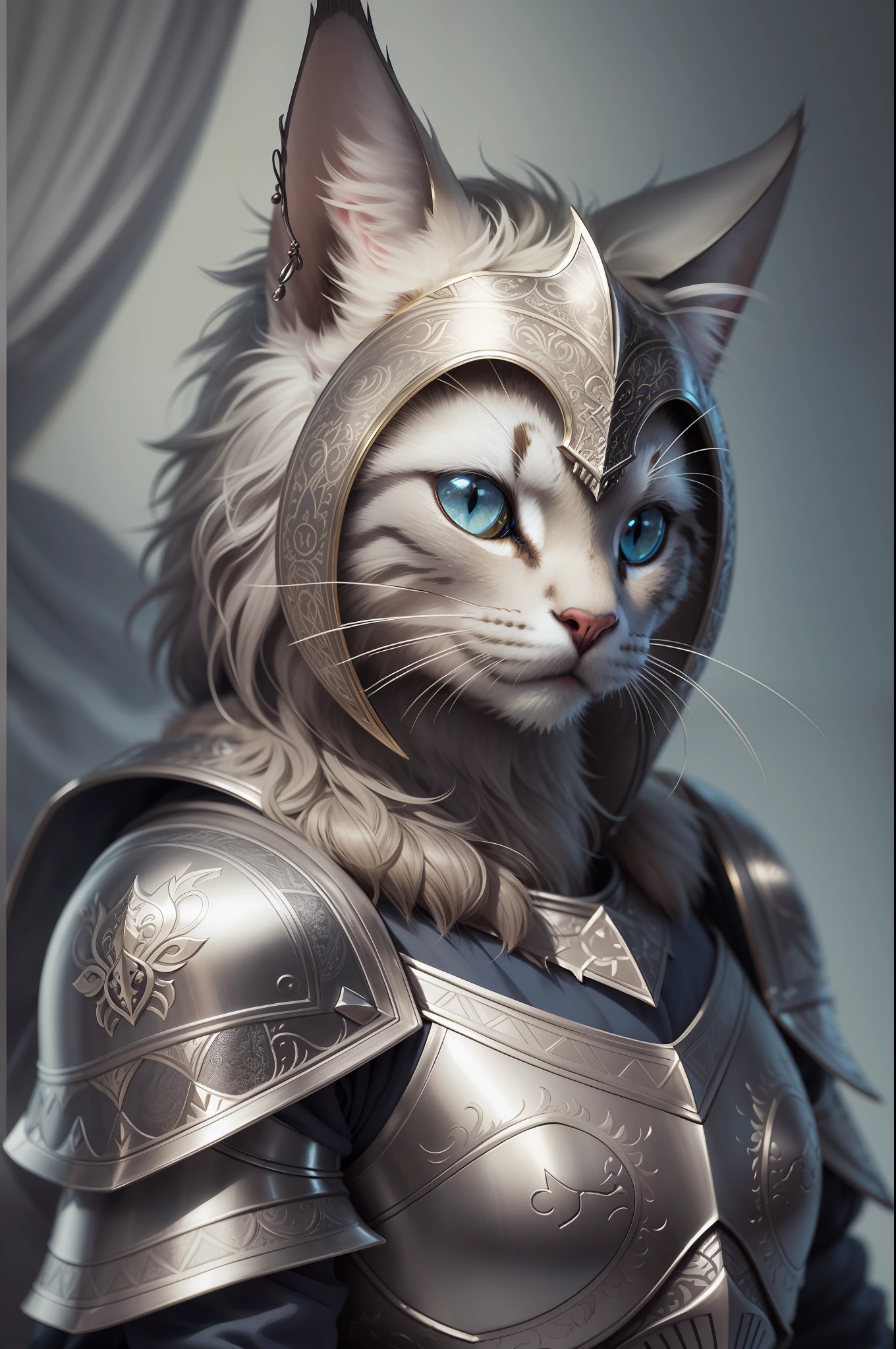 adorable cat knight sitting, portrait, finely detailed armor, intricate design, silver, silk, cinematic lighting, 4k