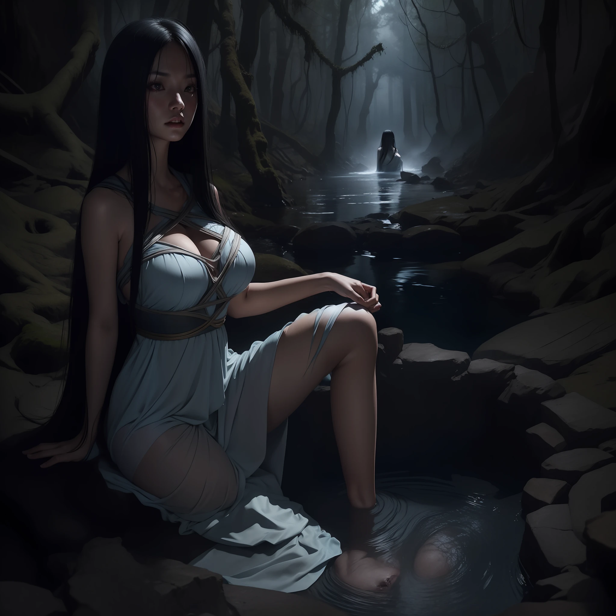 masterpiece, best-quality, realistic, detailed, dramatic light, horror art, gore, 1girl, Sadako, very long black hair, fitnes body, huge large breasts, rotten gray-blue skin, wearing a white dress, coming out of a well, a haunted forest as background,