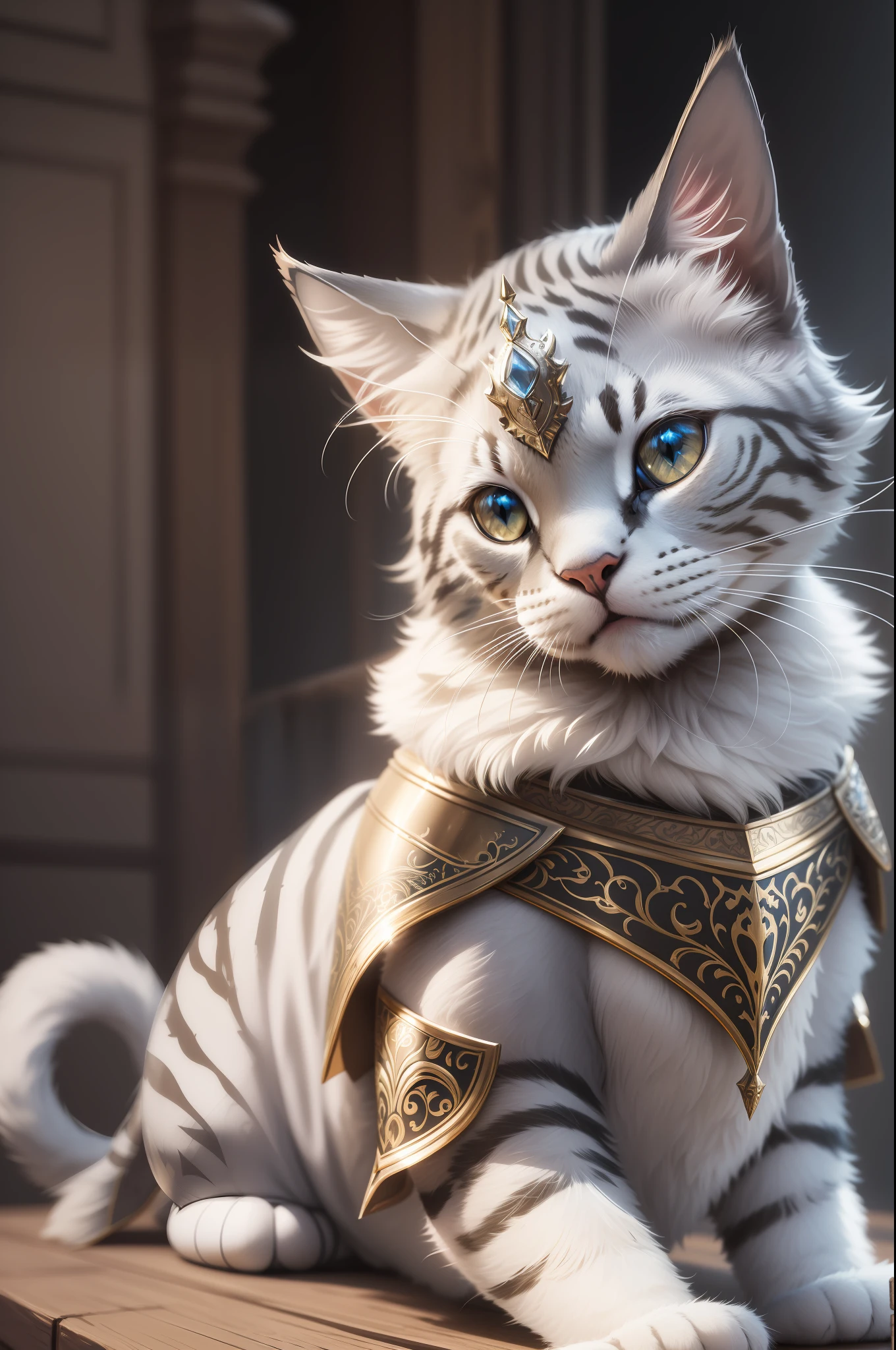 adorable cat knight sitting, portrait, finely detailed armor, intricate design, silver, silk, cinematic lighting, 4k
