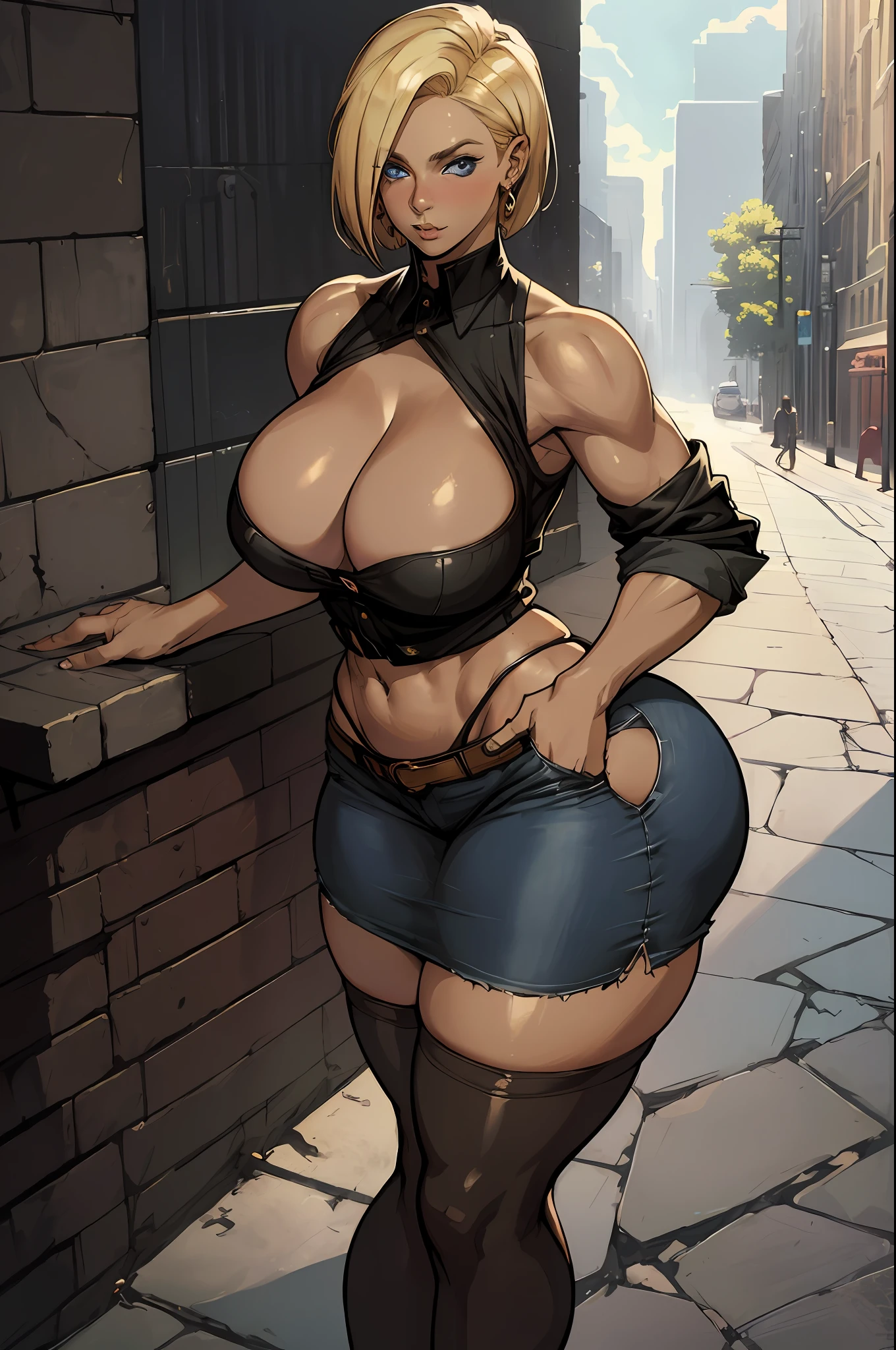 unparalleled masterpiece, ultra realistic 8k CG, perfect artwork, (1girl:1.1) , solo, ((perfect female figure)), (nsfw), looking at viewer, mature female, bimbo (android 18) standing, (teasing), best quality:1.1 , seductive posture, sexy pose, alluring, (beautiful), (curvy), (thick), blonde hair, (blue eyes:1.2), short hair, earrings, jewelry, denim vest, open vest, black pantyhose, black shirt, denim skirt, striped long sleeves, blue skirt, toned legs, fit, (abs:1.1), (big butt:1.4), peach ass, (athletic body:1.2), (large breasts:1.3, (big_breasts:1.1), wide_hips:1.5, narrow waist, small waist:1.5, slender body:1.2, thick thighs:1.3), (shiny skin:1.2), (hdr), (street:1.2), Nikon D850 film stock photograph Kodak Portra 400 camera f1.6 lens, rich colors, lifelike texture, dramatic lighting, unreal engine, trending on ArtStation, by Gerald Brom, by Frank Frazetta, by Luis Royo, by Julie Bell, by Boris Vallejo