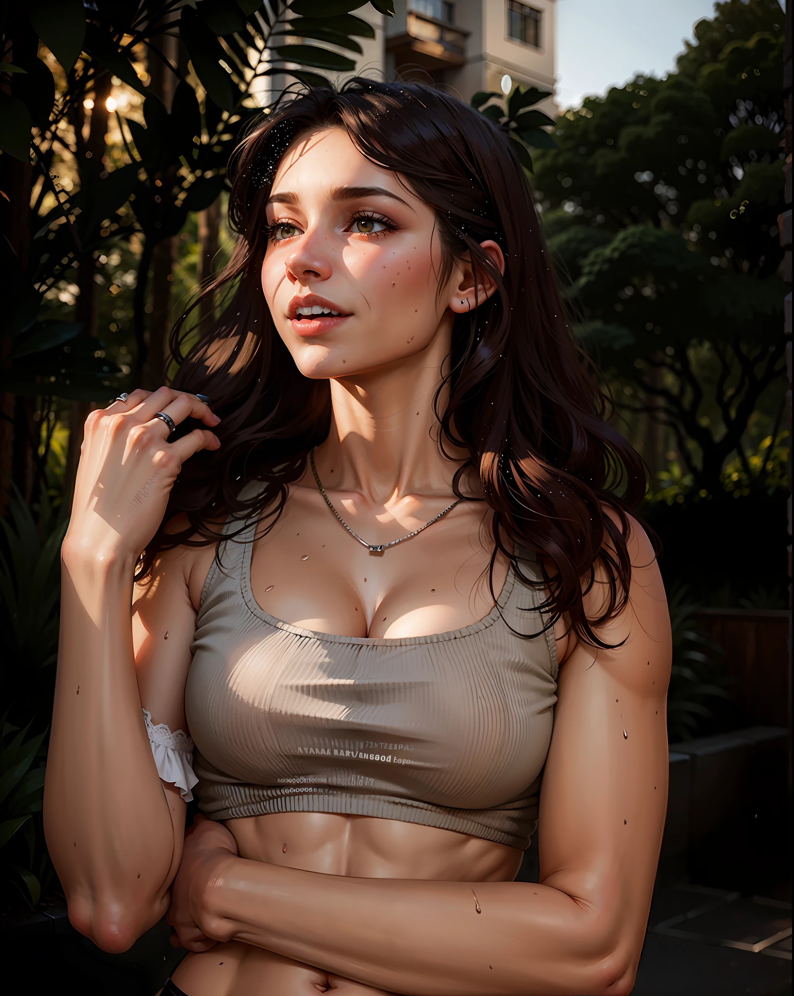 a hyper-realistic portrait of a young woman, half asleep, (face with dimples), under a tree, inside a forest, lots of rain, in the middle of nature, 22 years old, [[dimples]], realistic, (lying on her side), she is wearing a red panties, (wearing a garter belt and black pantyhose), sexy, (huge breasts 2:1), torn, (all torn), wet clothing, short brown hair, (hair tied with bows), curved, SFW