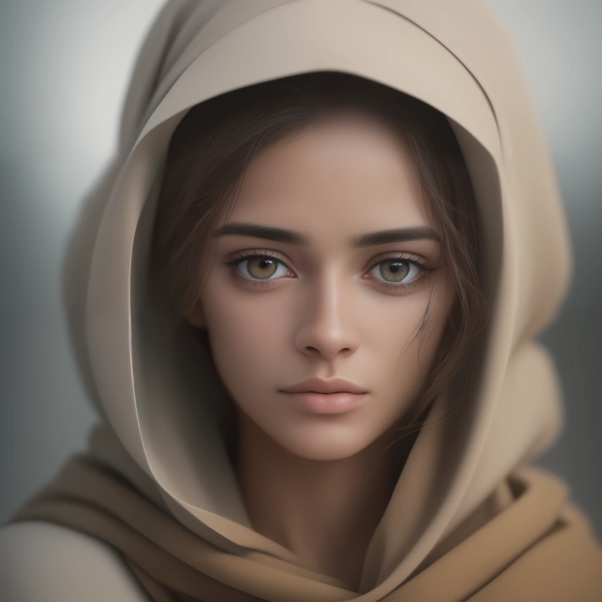 a photorealistic portrait of a stunningly beautiful woman without make-up, extremely detailed light hazel eyes, detailed symmetric realistic face, natural skin texture, extremely detailed skin with skin pores, peach fuzz, messy hair, wearing shawl over her head, masterpiece, absurdres, award winning photo by lee jeffries, nikon d850 film stock photograph, kodak portra 400 camera f1.6 lens, extremely detailed, amazing, fine detail, rich colors, hyper realistic lifelike texture, dramatic lighting, unrealengine, trending on artstation, cinestill 800 tungsten, looking at the viewer, photo realistic, RAW photo, TanvirTamim, high quality, highres, sharp focus, extremely detailed, cinematic lighting, 8k uhd