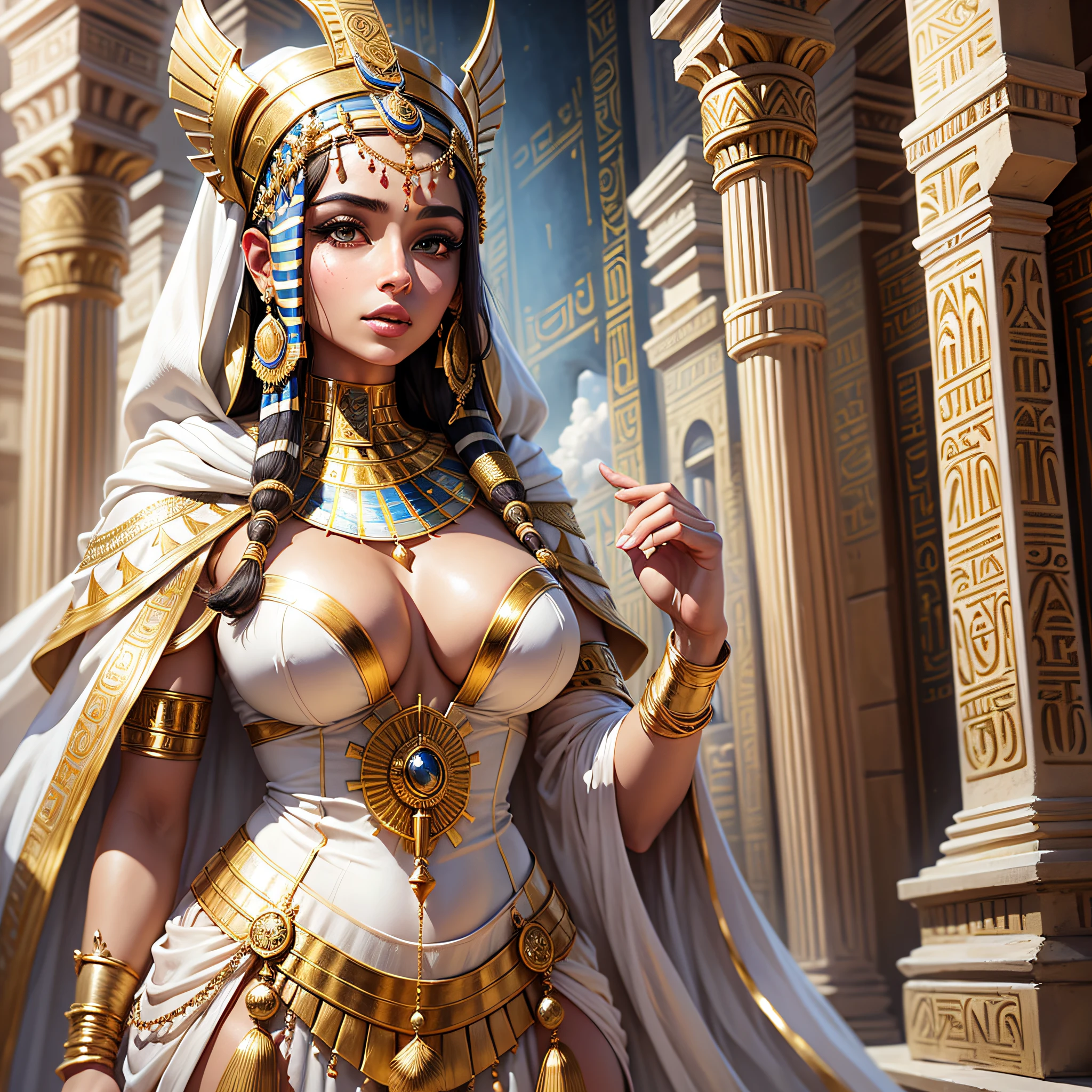 A beautiful and perfect woman, in a white Egyptian costume with gold trims, Egyptian clothes, Egyptian clothes, ancient white dress, high quality costume, pharaoh clothes, Egyptian princess, Egyptian, white and gold priestess robess, white robe with golden details, elegant ancient greek dress, Egyptian style, white-gold robes, high quality theater costume, beautiful cleopatra, authentic costume --auto --s2