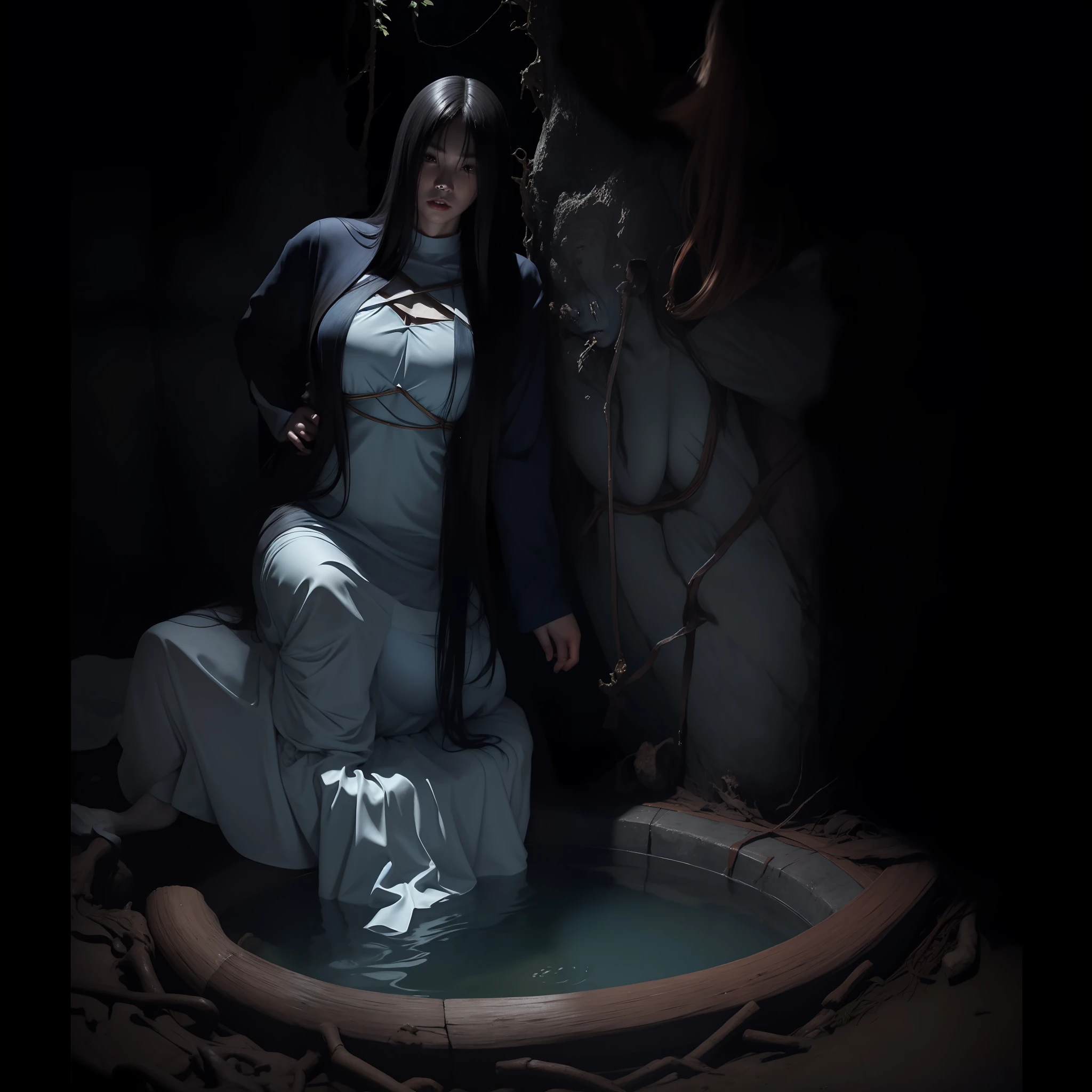 masterpiece, best-quality, realistic, detailed, dramatic light, horror art, gore, 1girl, Sadako, very long black hair, fitnes body, huge large breasts, rotten gray-blue skin, wearing a white dress, coming out of a well, a haunted forest as background,