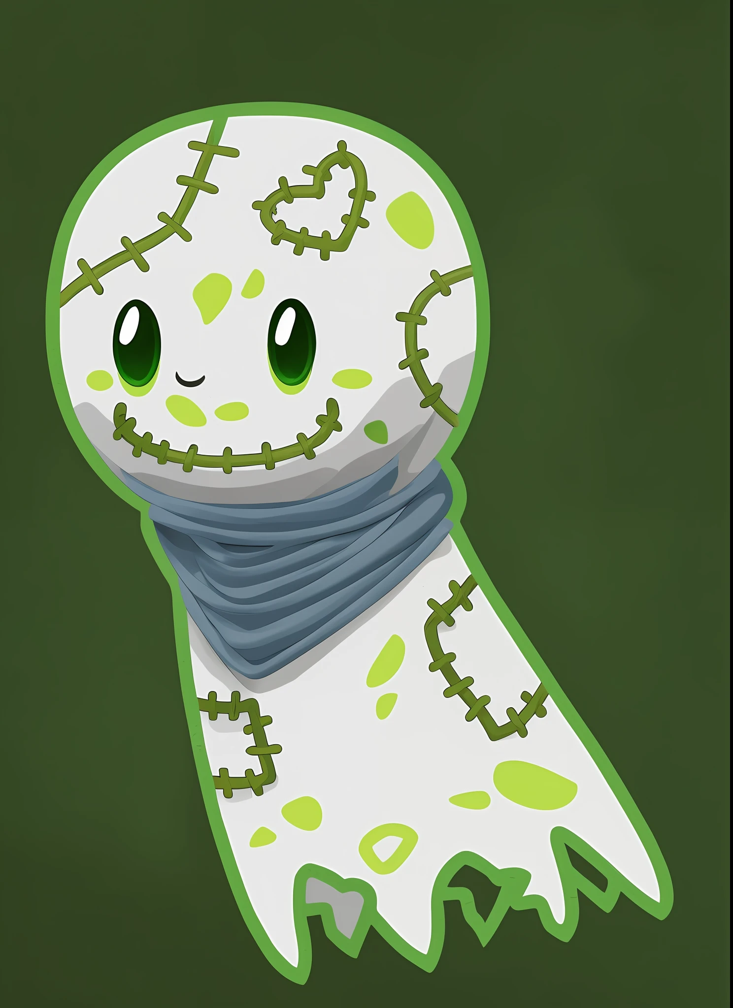 a cartoon character of a white cat with a green scarf, cute skeleton, photo of scp-173, cute character, sans undertale, boney, digitally colored, yume nikki, plushie, white scary skin, creepy kawaii, scp 3008, candypunk character design, sans from undertale, chibi, patchwork doll, fleshy skeletal