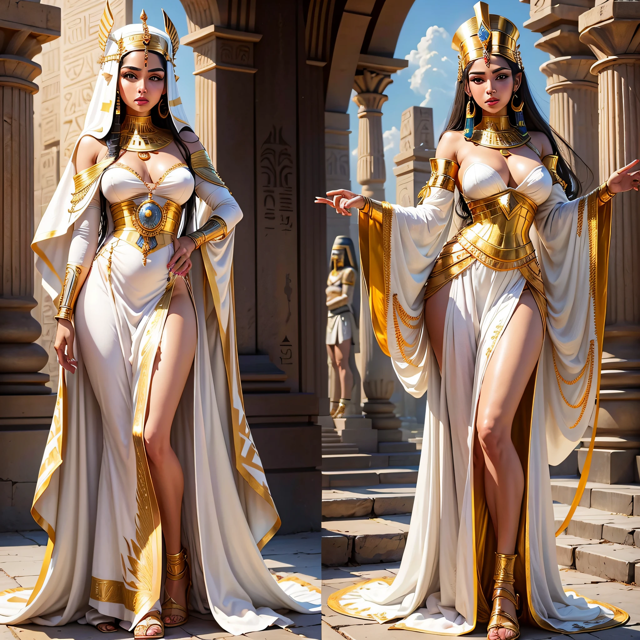 A beautiful and perfect woman, in a white Egyptian costume with gold trims, Egyptian clothes, Egyptian clothes, ancient white dress, high quality costume, pharaoh clothes, Egyptian princess, Egyptian, white and gold priestess robess, white robe with golden details, elegant ancient greek dress, Egyptian style, white-gold robes, high quality theater costume, beautiful cleopatra, authentic costume --auto --s2