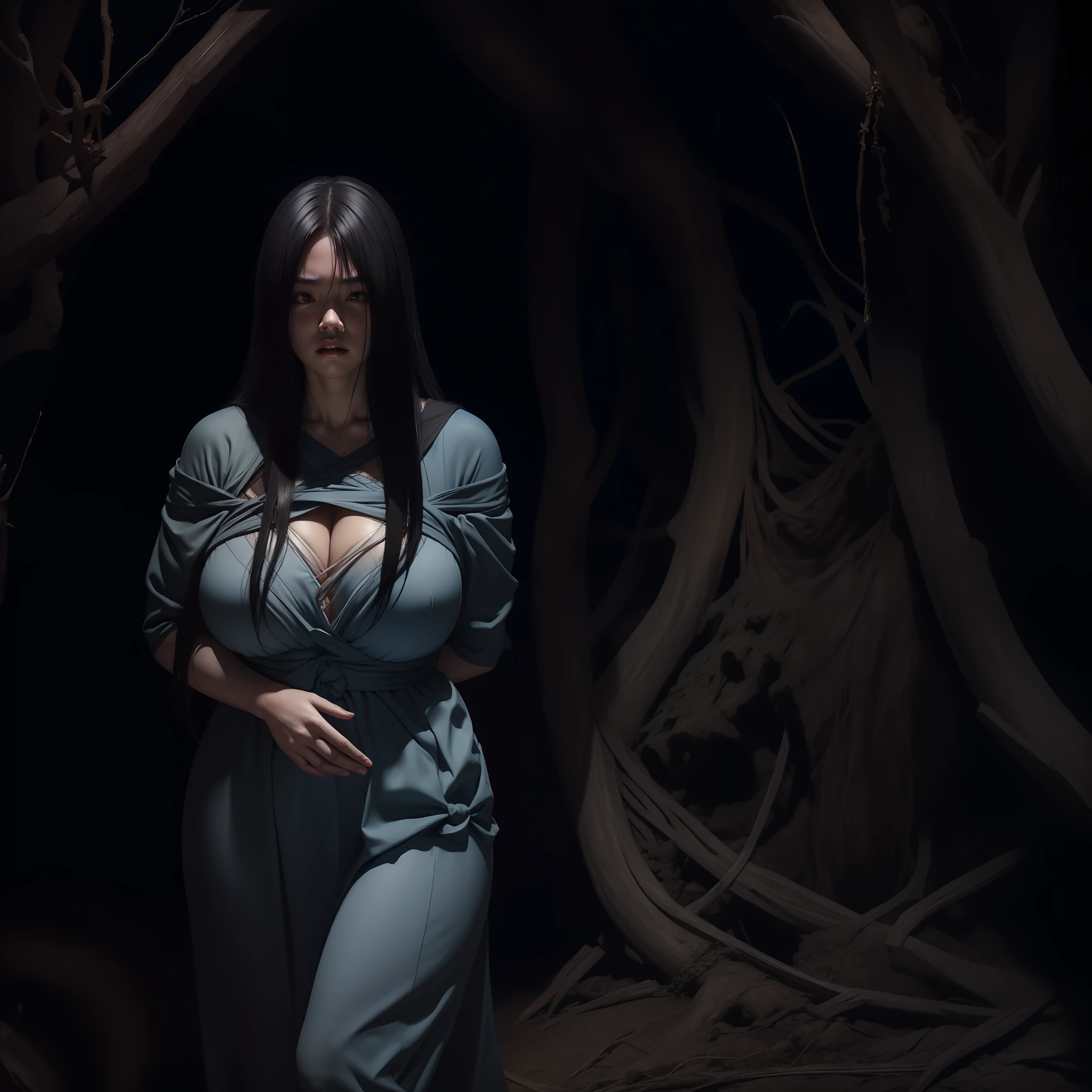 masterpiece, best-quality, realistic, detailed, dramatic light, horror art, gore, 1girl, Sadako, very long black hair, chubby body, huge big breasts, rotten gray-blue skin, wearing an white dress, getting out from a pit, a haunted forest as background,