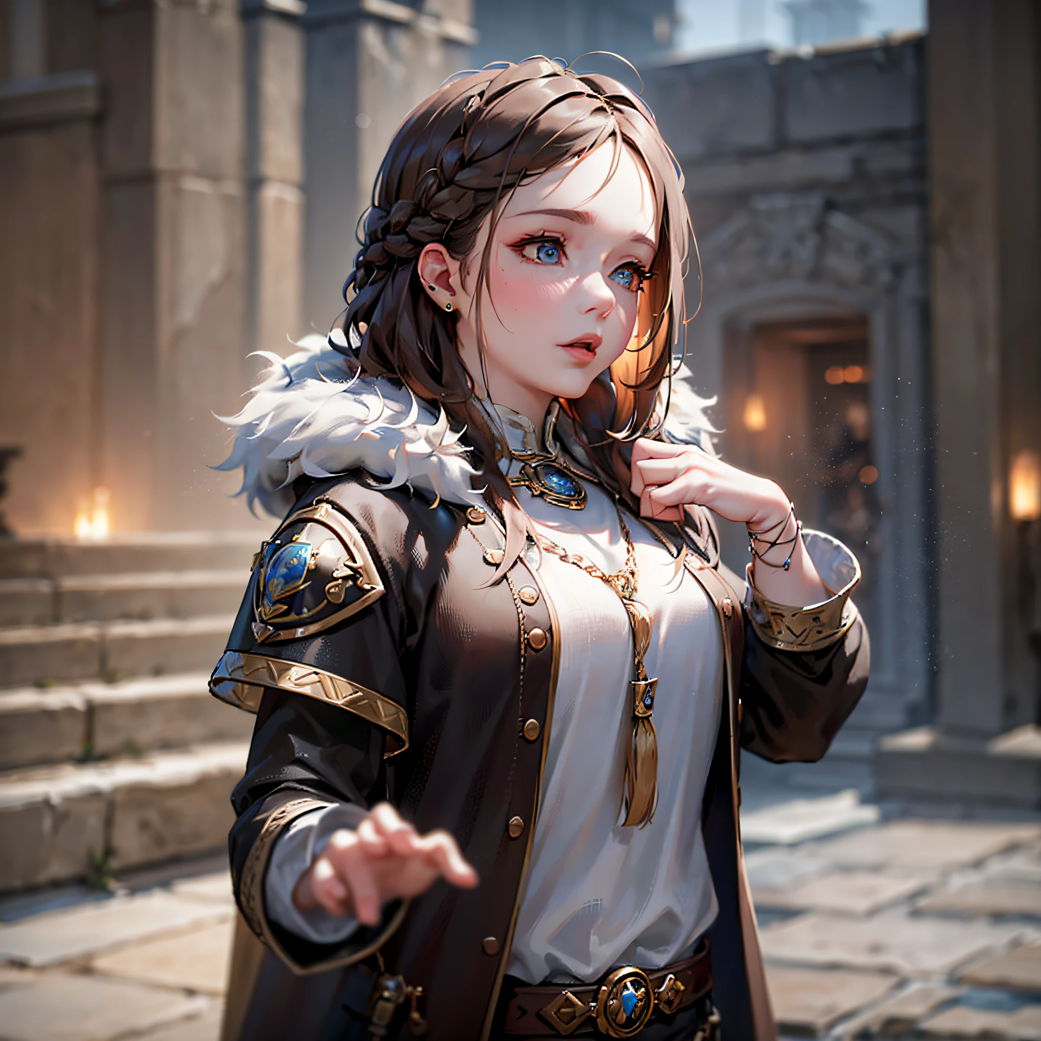 (Masterpiece: 1.4), (Best quality: 1.4), 8K, HD, Ultra Light, Dwarf, Female, Dwarf, Braids, Brown Colored Hair. D&D,Drip,with a fur coat,modern clothes,ferreira. Unreal Engine, Ultra Focus, Dark Environment Around, Zoom Out. (realistic)