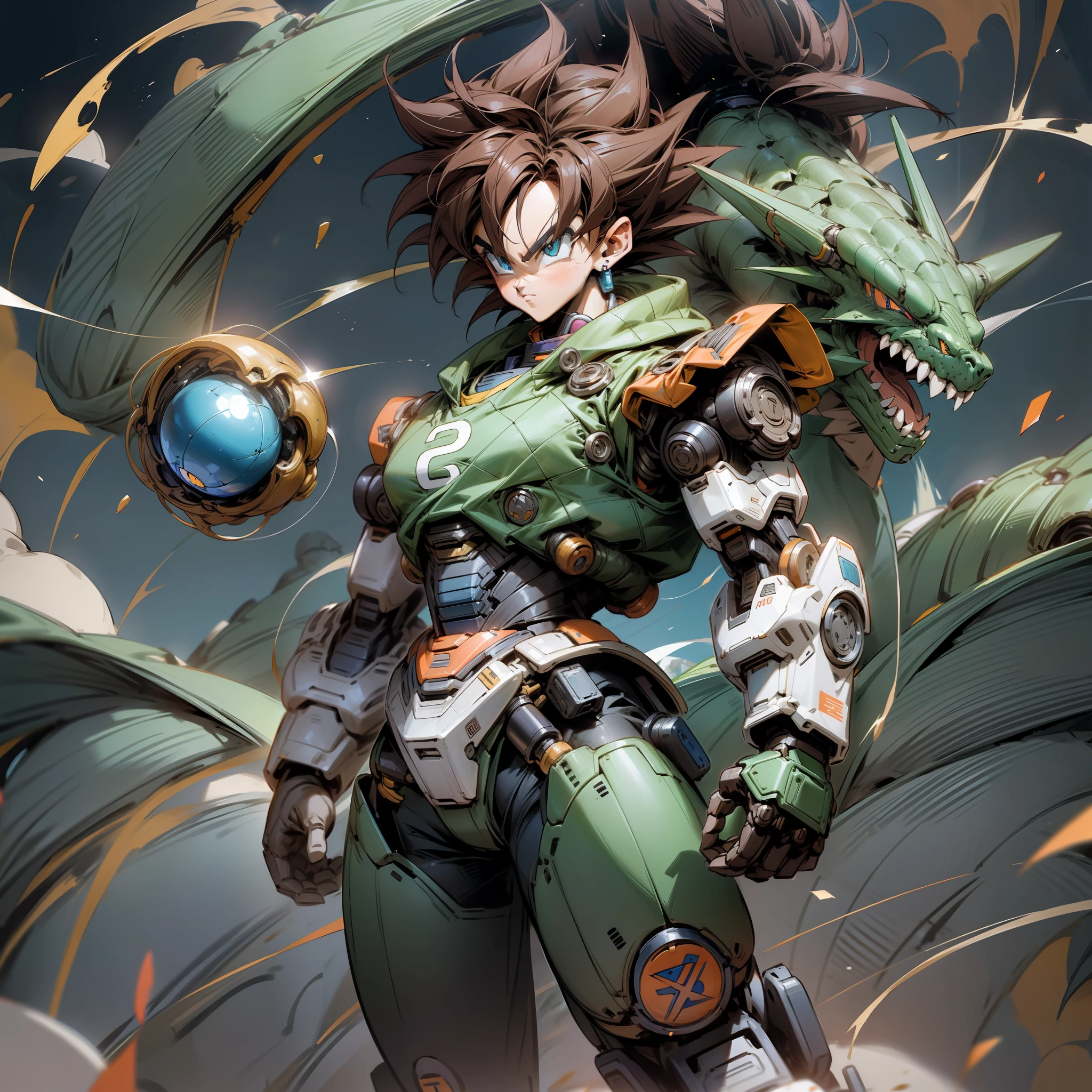 Saiyan mech, brown hair, android, blue lights, bragon ball robot, DBZ, Dragon Ball, black clothes with gray, robotic,