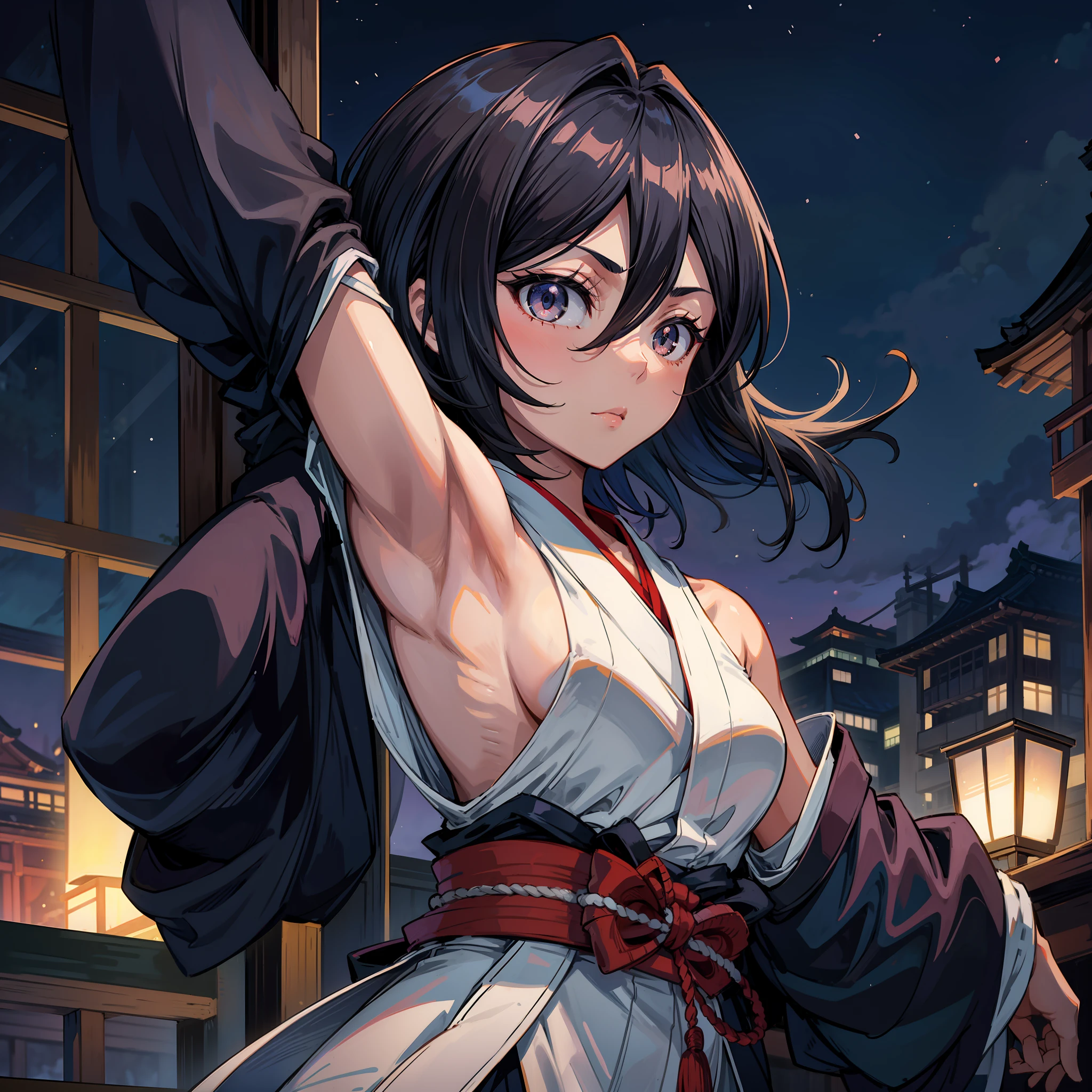 solo, Rukia_Kuchiki (short black hair, small breasts), sexy kimono, shoulders showing, armpit, arms up, japanese city at night