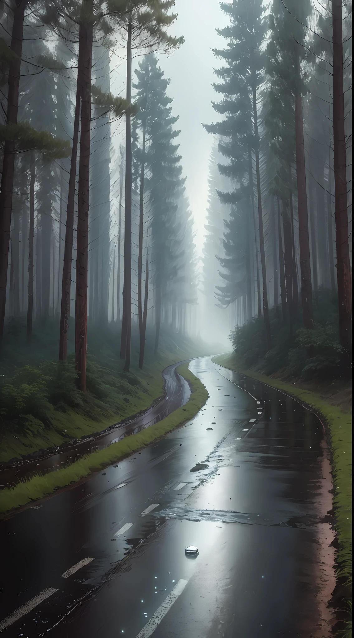 Evening scene in a lone road, little hailstorm early on, road through a forest, a stream flowing, ((Masterpiece, Best Quality)), illustration, ultra-detailed 8K, realistic, clear focus, highly detailed, professional lighting, colorful details, luminescence, intricate details