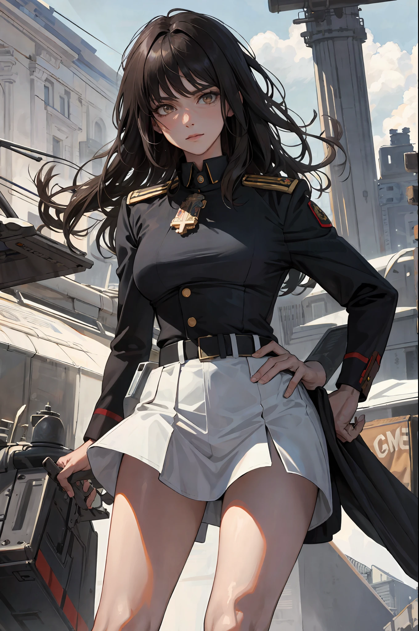 (masterpiece:1.2, best quality), 1lady, Yoru, solo, photorealistic, science fiction film, science fiction, science fiction, war, large thighs, small breasts,realistic, pastel painting, powerful, intelligent, sensual, detailed eyes (intimidating look, Brown eyes) well detailed, long black hair, best CG, (wearing German 2 world war general uniform), military social pants, area strength, army grandeur, medals,  insignia, war emblems