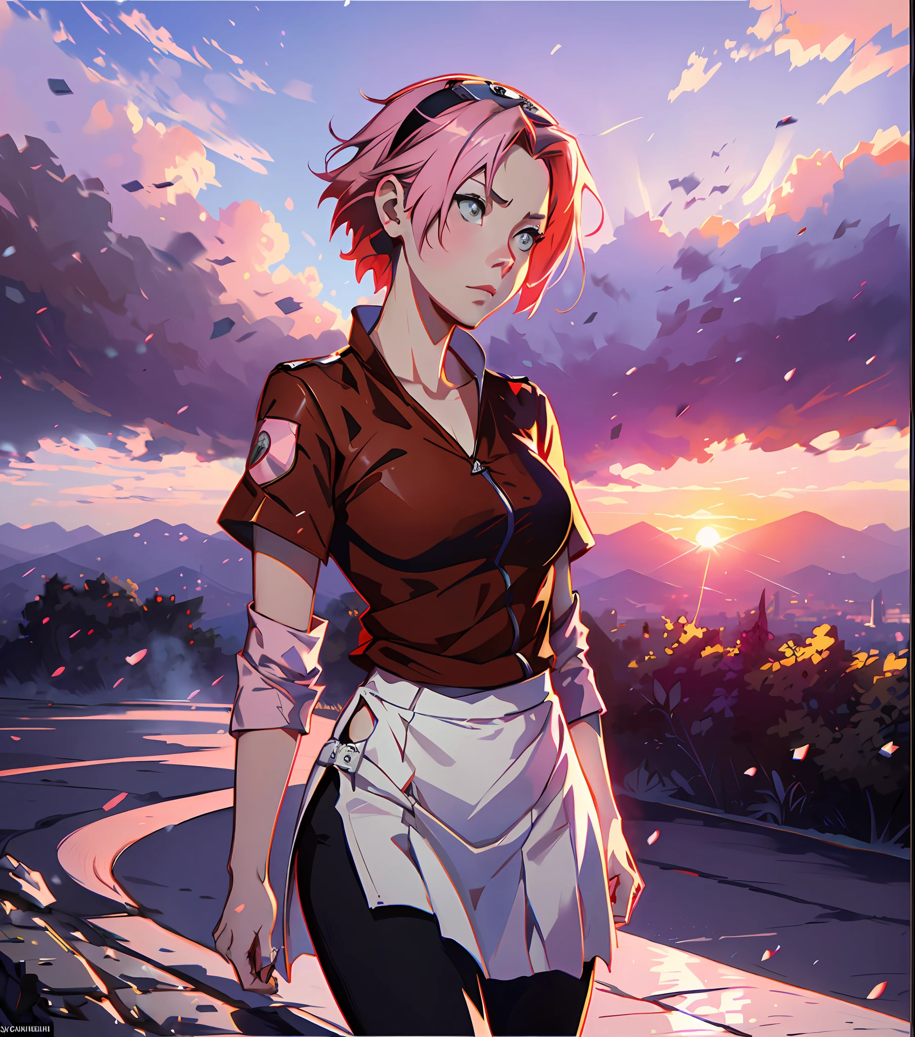 Sakura haruno, ((forehead the show)), solo, skinny,((beautiful)) charming, contemplating the sunset, attractive, wearing a red blouse and a white skirt, pink hair, delicate, young, SHORT hair, detailed face, austere image, (((full body)), looking at the viewer, bandana on the head, trend in art by rhads, andreas rocha, rossdraws, makoto shinkai, laurie greasley, lois van baarle, Ilya Kuvshinov and Greg Rutkowski