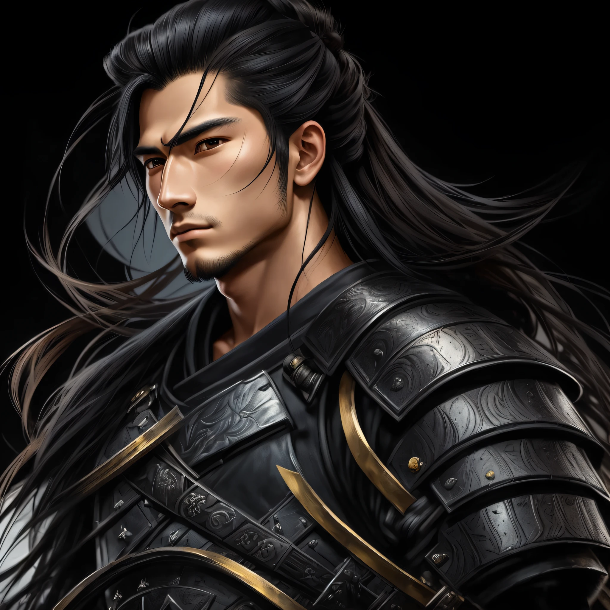 There is painting of a young man with black hair and brown eyes, there is a samurai armor on him, long hair tied at the back, portrait of a young male man, fantasy masculine portrait, handsome young man in demon slayer art --auto --s2