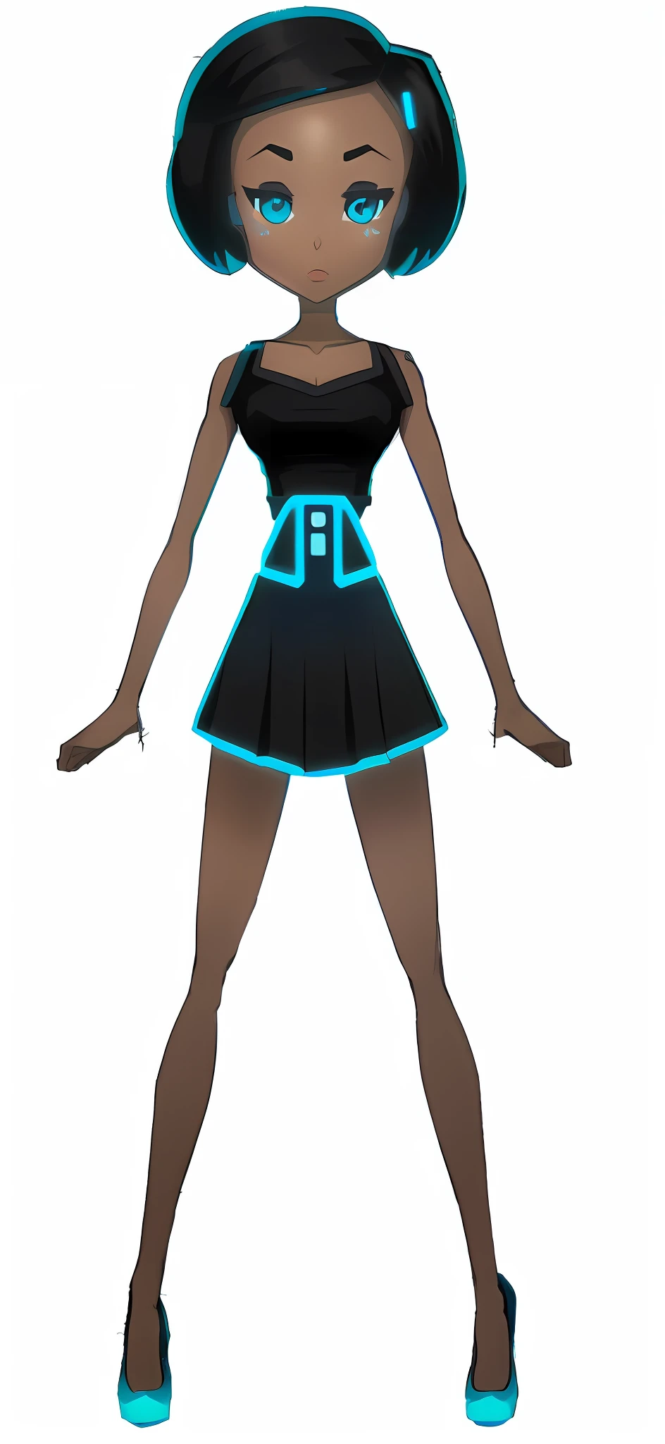 cartoon girl in a black and blue dress with blue shoes, light clothing design, clothing design, in a black color skirt, black eyes, costume with blue details, neon edges on the lower body, women's clothing, magic uniform, ( (dark skin) ), black and cyan color scheme, cyberpunk dress, anime girl wearing a black dress,  pitch black skin, African female android