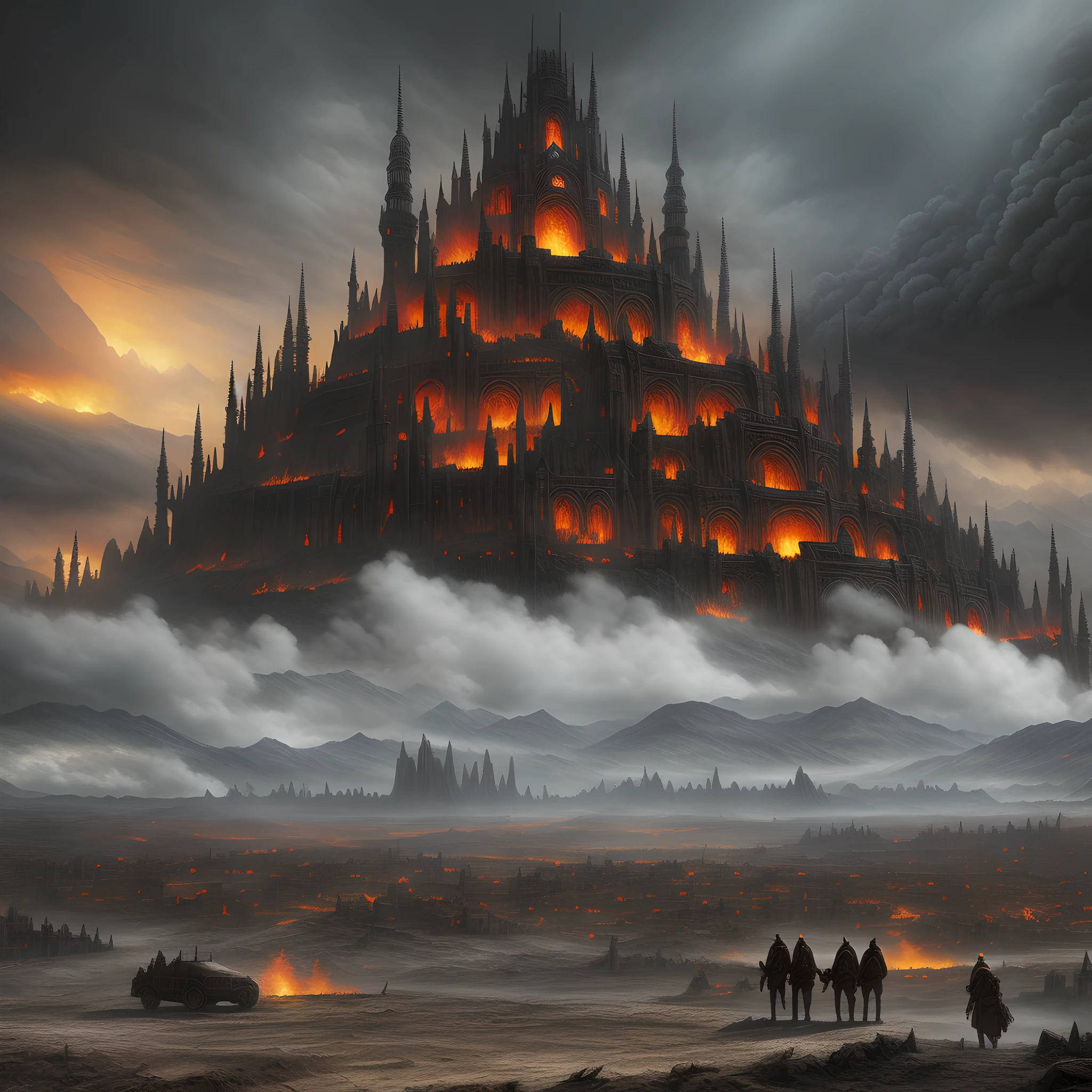 realistic image with details, symmetrical epic fantasy art, apocalypse city landscape, epic fantasy science fiction illustration, an ancient city on fire, apocalypse art, apocalypse art!!!!, digital fantasy epic art, apocalypse city, apocalypse landscape, hell, flames, suffering people, fantasy apocalypse environment, post--apocalyptic magical kingdom, ! Landscape of the apocalypse!!