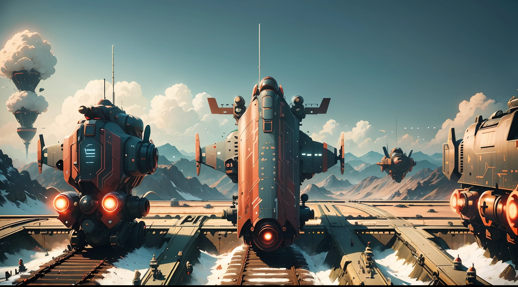 there are three red robots that are sitting on a train track, 2 0 2 1 cinematic 4K framegrab, Victor ngai, airplanes, trend in vehicle design, inspired by Ferenc Joachim, adrian edge, fast aircraft, impactful environment, serge birault --auto --s2
