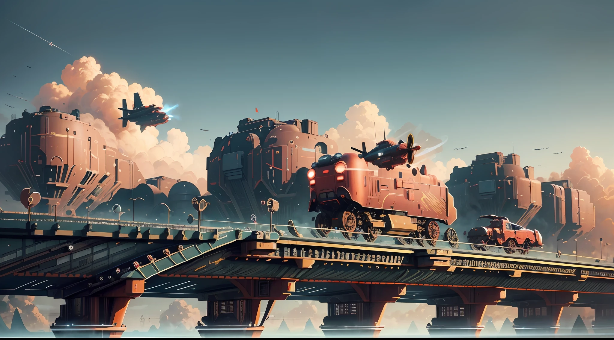there are three red robots that are sitting on a train track, 2 0 2 1 cinematic 4K framegrab, Victor ngai, airplanes, trend in vehicle design, inspired by Ferenc Joachim, adrian edge, fast aircraft, impactful environment, serge birault --auto --s2