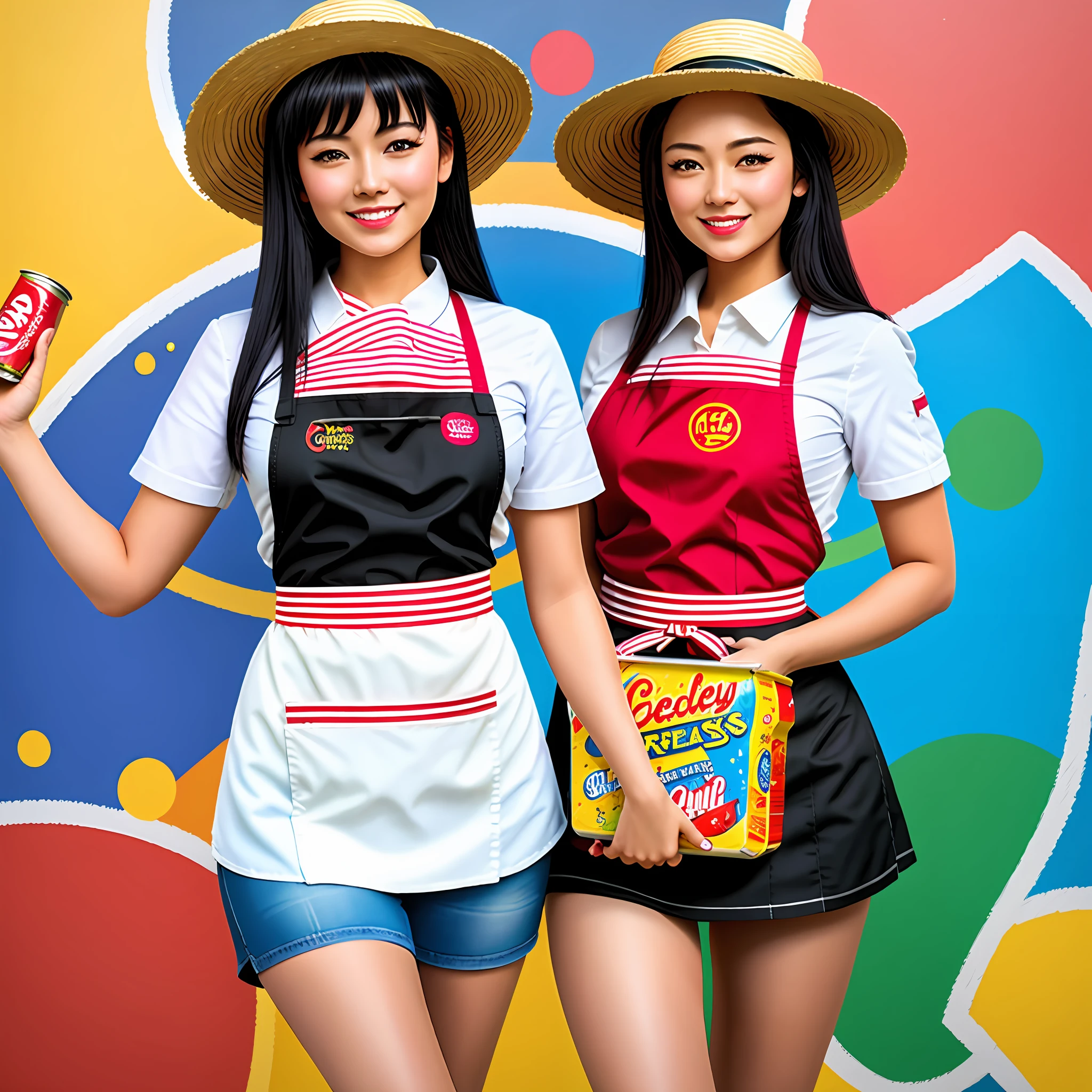 Best quality, realistic, award-winning illustration, (tricky detail: 1.2), (fine detail), (tricky detail), (cinematic lights, best quality), sharp lines, sharp focus, official artwork, 16k, A beautiful woman with a smiling face, wearing a straw hat, wearing a June party hat, June parties, white graffiti splash background, a beautiful young chef, wearing a black apron with colorful blouse emblazoned in June party colors, Wearing jeans, medium black hair, holding a large can of delicious candy, creamy candy splash, character design by George Lucas style, white background.