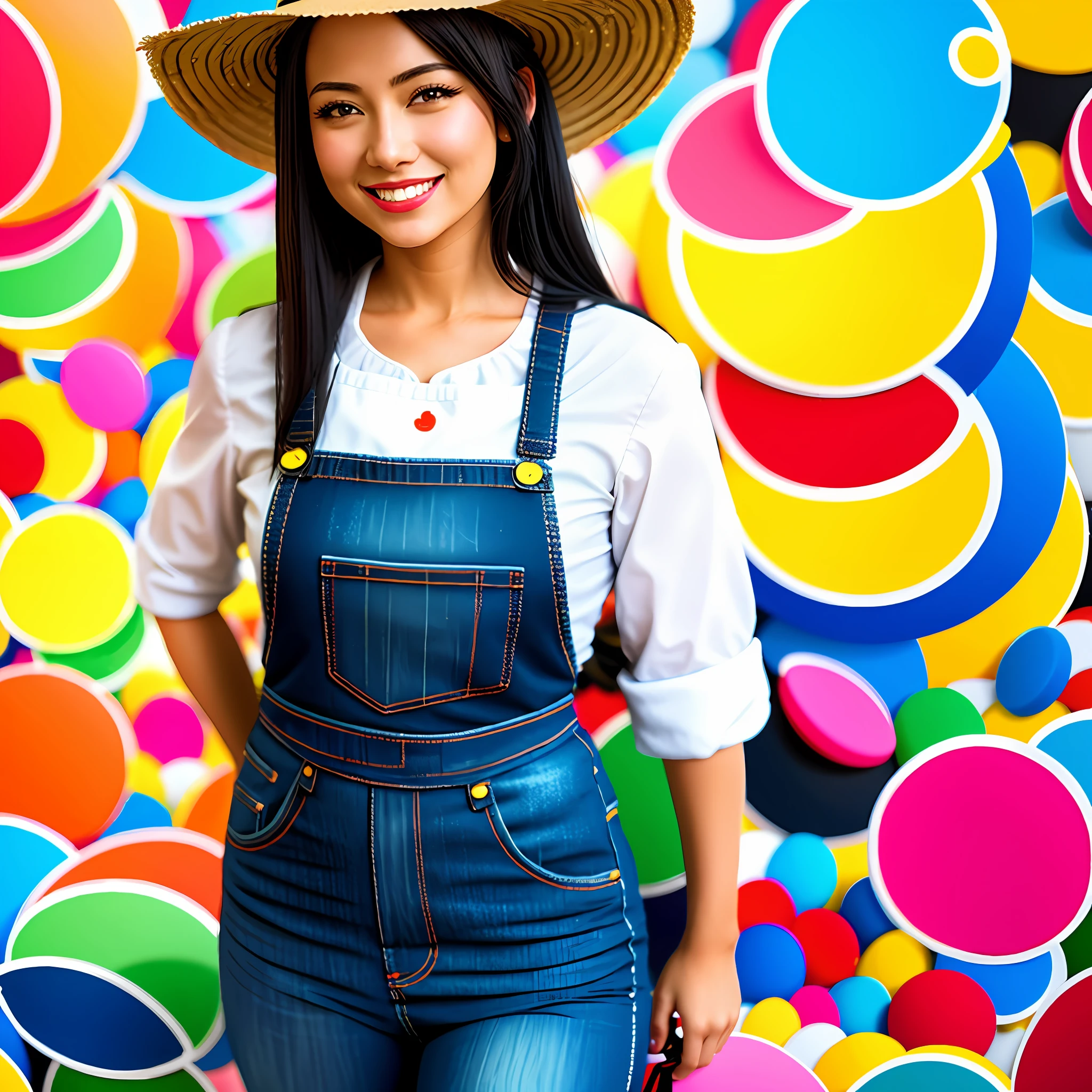 Best quality, realistic, award-winning illustration, (tricky detail: 1.2), (fine detail), (tricky detail), (cinematic lights, best quality), sharp lines, sharp focus, official artwork, 16k, A beautiful woman with a smiling face, wearing a straw hat, wearing a June party hat, June parties, white graffiti splash background, a beautiful young chef, wearing a black apron with colorful blouse emblazoned in June party colors, Wearing jeans, medium black hair, holding a large can of delicious candy, creamy candy splash, character design by George Lucas style, white background.