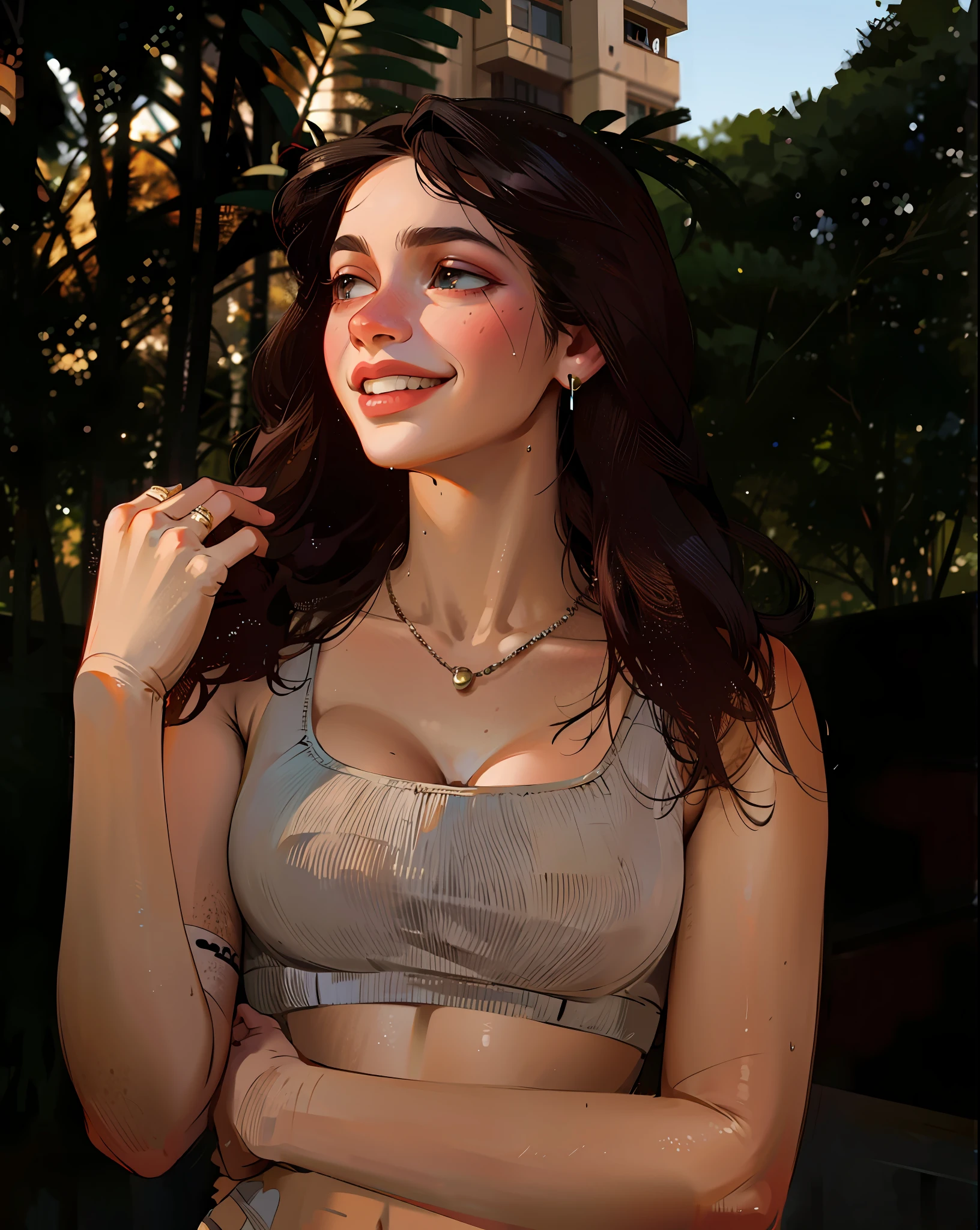 a hyper-realistic portrait of a young woman, half asleep, (face with dimples), under a tree, inside a forest, lots of rain, in the middle of nature, 22 years old, [[dimples]], realistic, (lying on her side), she is wearing a red panties, (wearing a garter belt and black pantyhose), sexy, (huge breasts 2:1), torn, (all torn), wet clothing, short brown hair, (hair tied with bows), curved, SFW