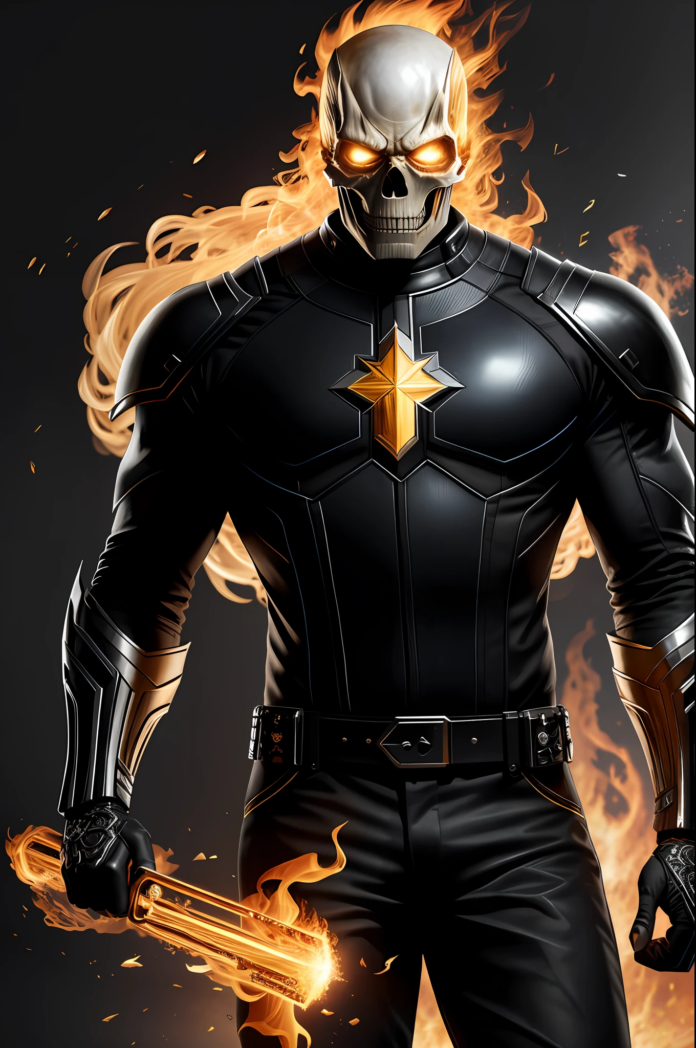 (8k, RAW photo, best quality, masterpiece: 1.2), ultra detailed, authorial art, photo-realistic: 1.37, upper body shot, ((original black uniform: 1.2)), model, marvel ghost rider, film grain, action pose, a perfect face, 40 years, intricate details, diffused light, by Marvel