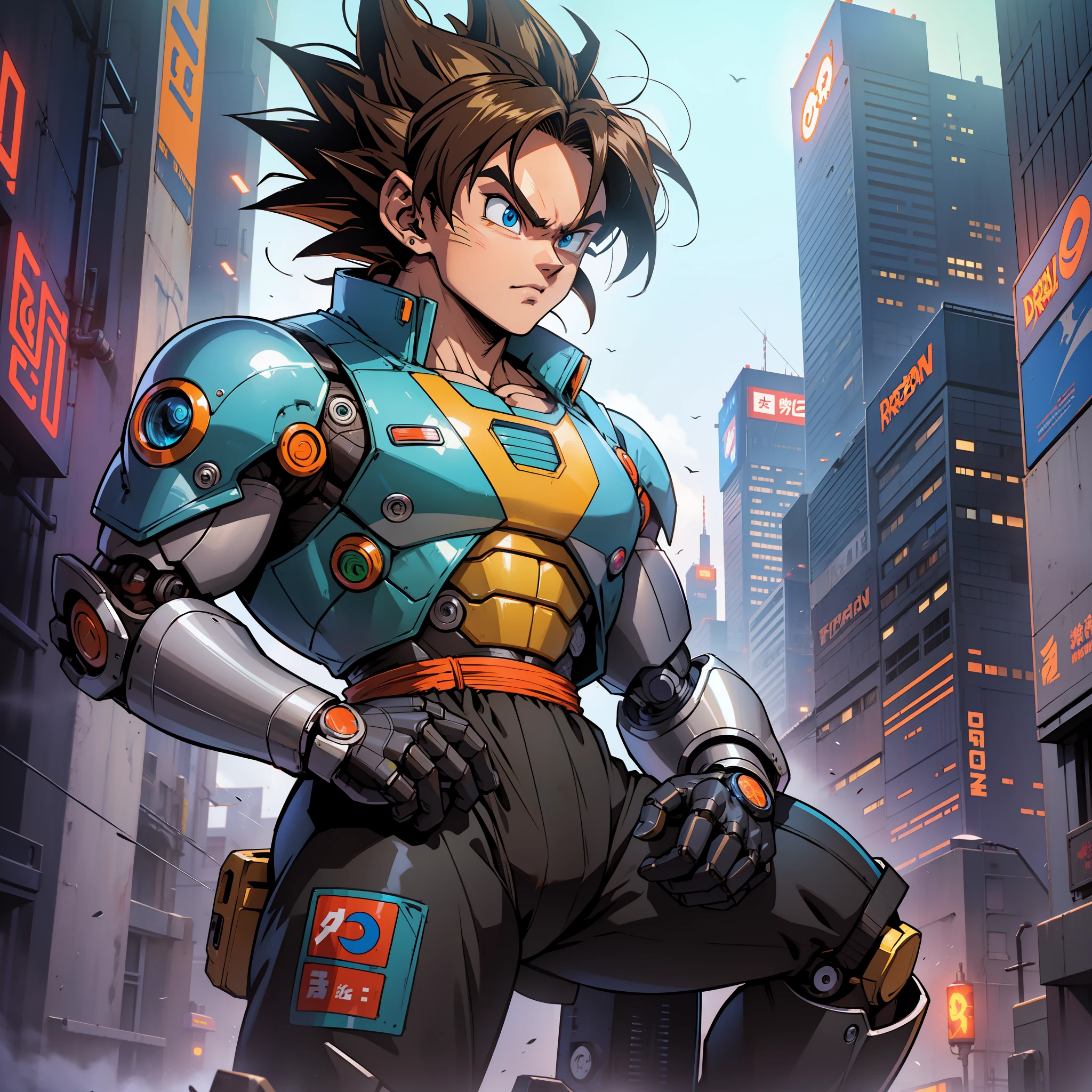 Saiyan mech, brown hair, android, blue lights, dragon ball robot, DBZ, dragon ball, black clothes with gray, robotic, cyberpunk