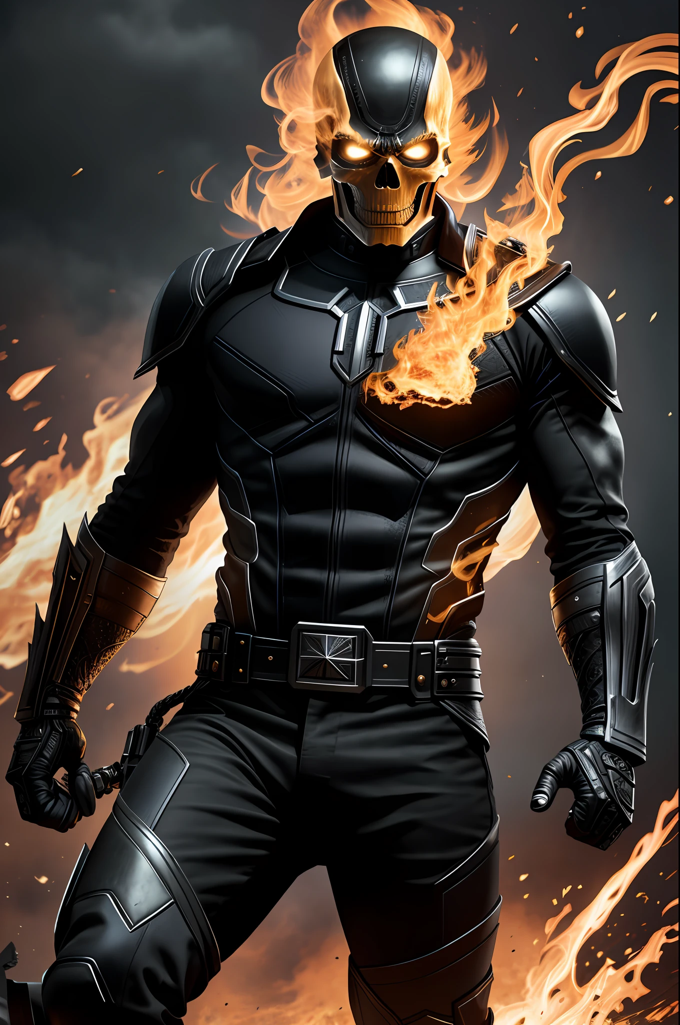 (8k, RAW photo, best quality, masterpiece: 1.2), ultra detailed, authorial art, photo-realistic: 1.37, upper body shot, ((original black uniform: 1.2)), model, marvel ghost rider, film grain, action pose, a perfect face, 40 years, intricate details, diffused light, by Marvel