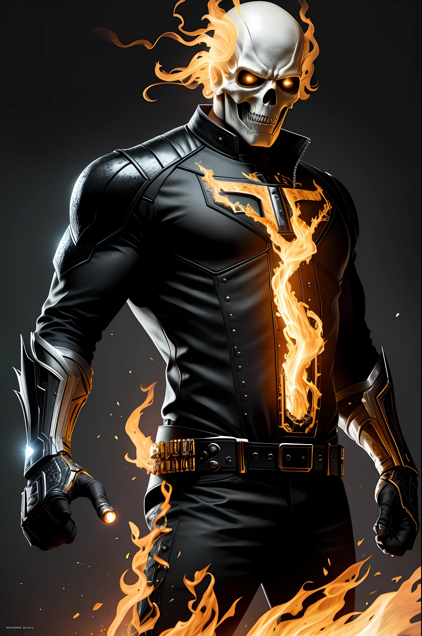 (8k, RAW photo, best quality, masterpiece: 1.2), ultra detailed, authorial art, photo-realistic: 1.37, upper body shot, ((original black uniform: 1.2)), model, marvel ghost rider, film grain, action pose, a perfect face, 40 years, intricate details, diffused light, by Marvel