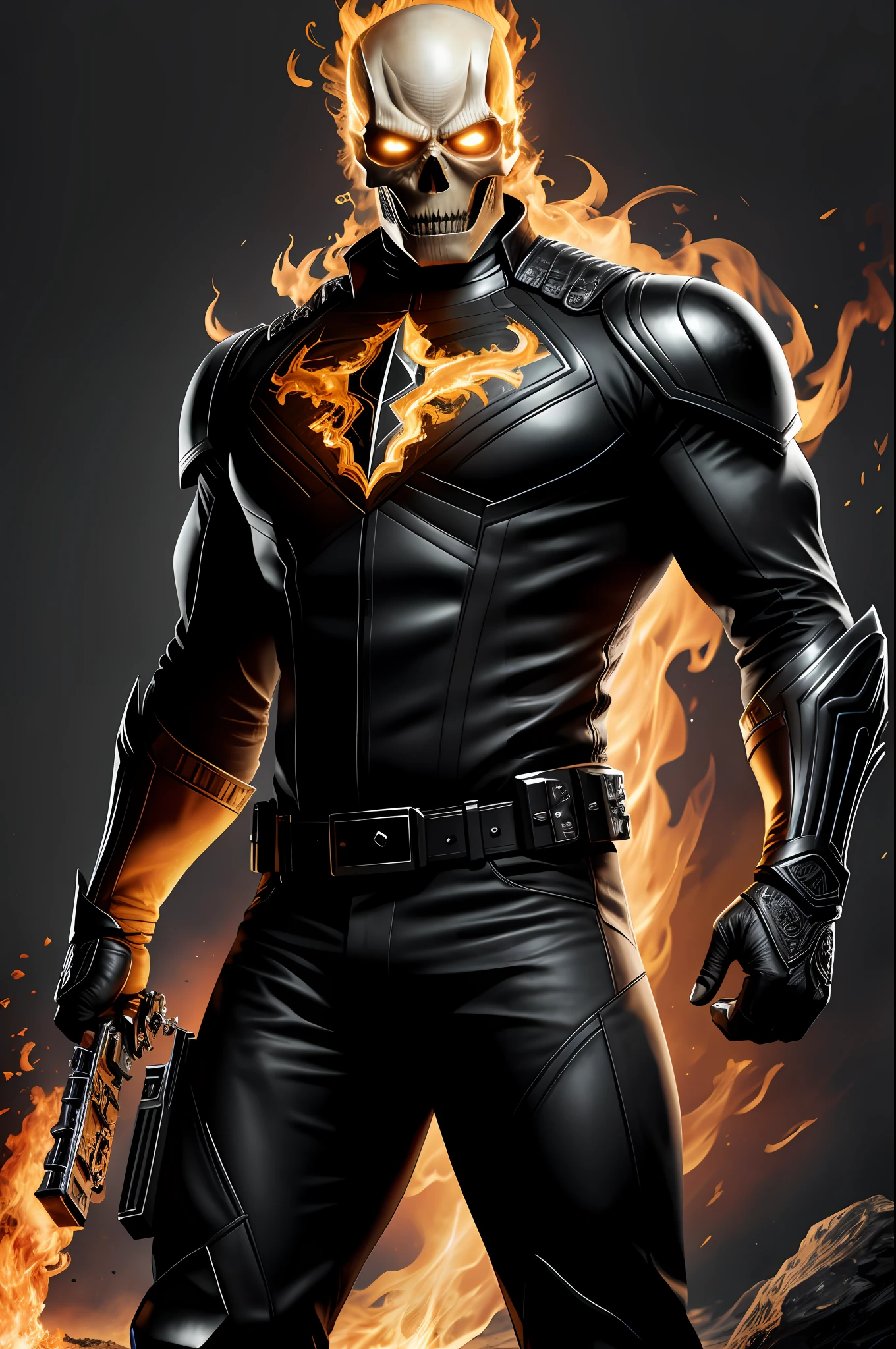(8k, RAW photo, best quality, masterpiece: 1.2), ultra detailed, authorial art, photo-realistic: 1.37, upper body shot, ((original black uniform: 1.2)), model, marvel ghost rider, film grain, action pose, a perfect face, 40 years, intricate details, diffused light, by Marvel